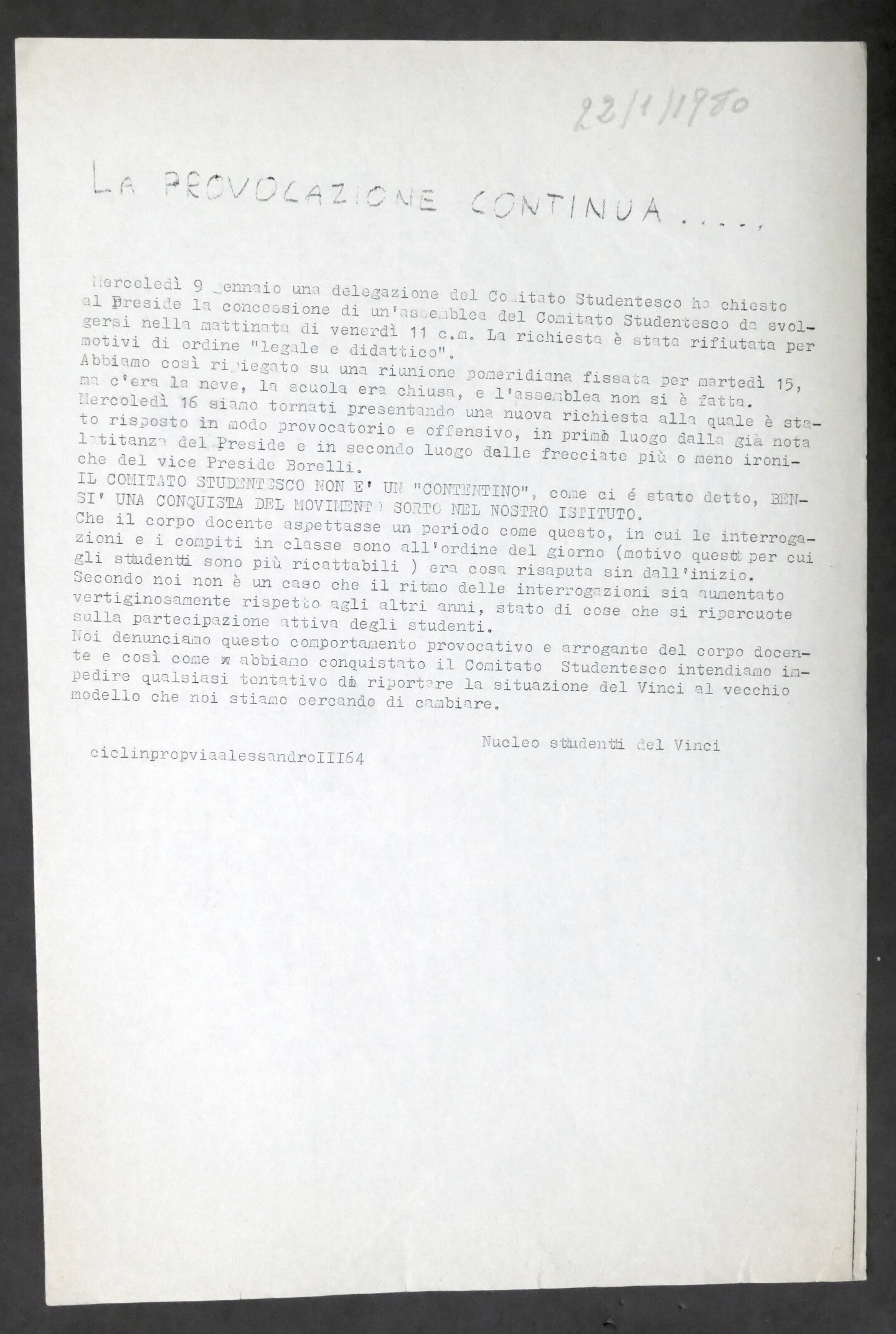 Volantino Nucleo Studenti del Vinci di Alessandria La provocazione continua …