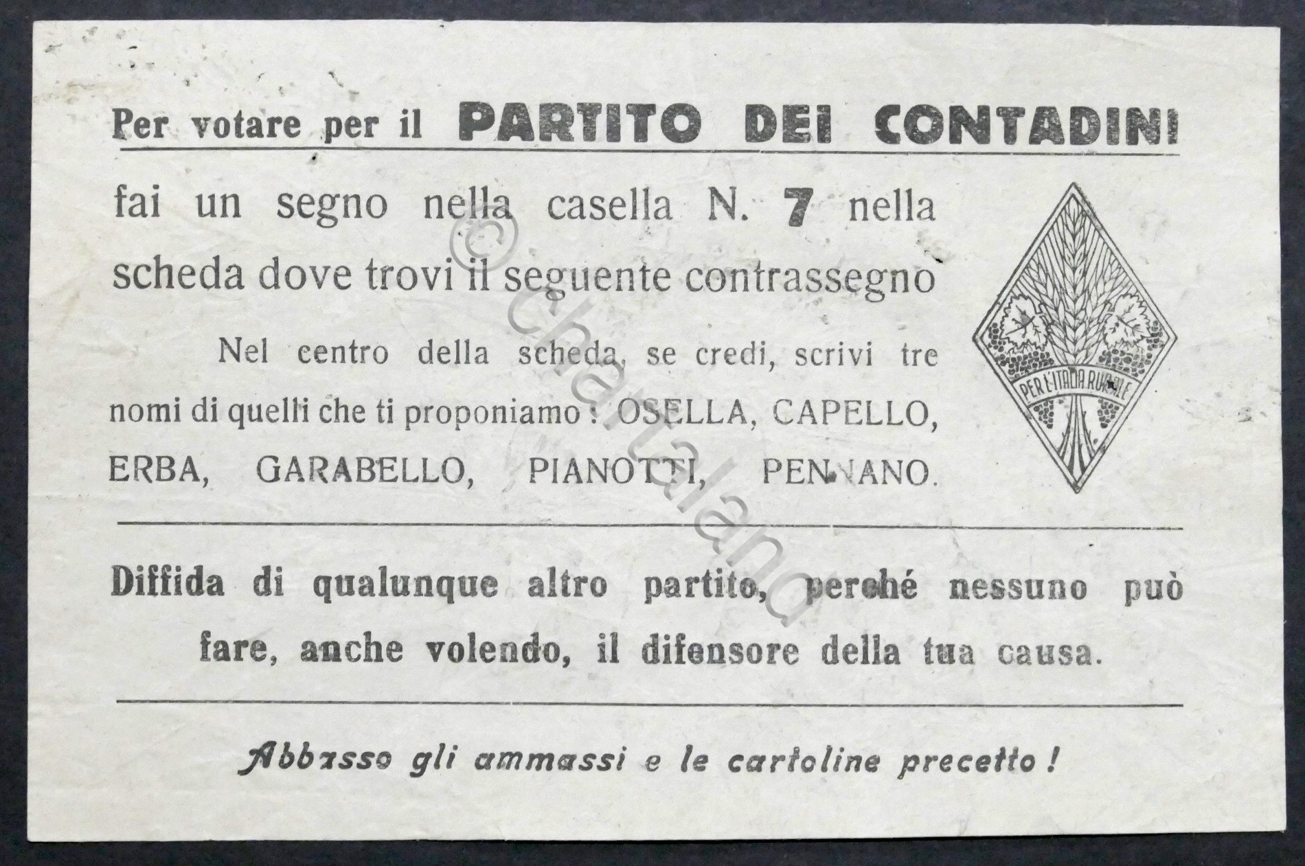Volantino Partito dei Contadini d'Italia - Elezioni Assemblea Costituente 1946
