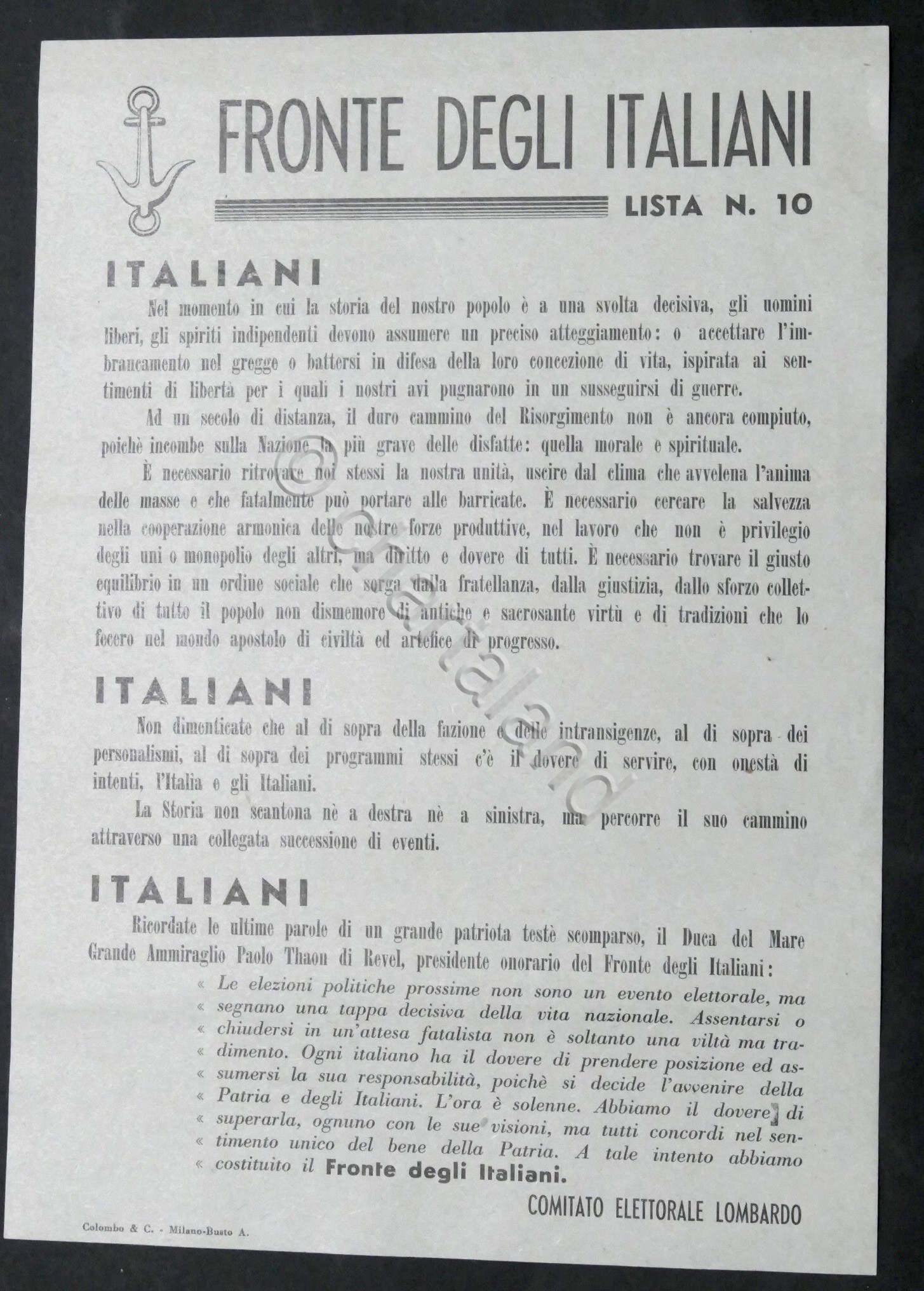 Volantino partito Fronte degli Italiani (Paolo Thaon di Revel) - …