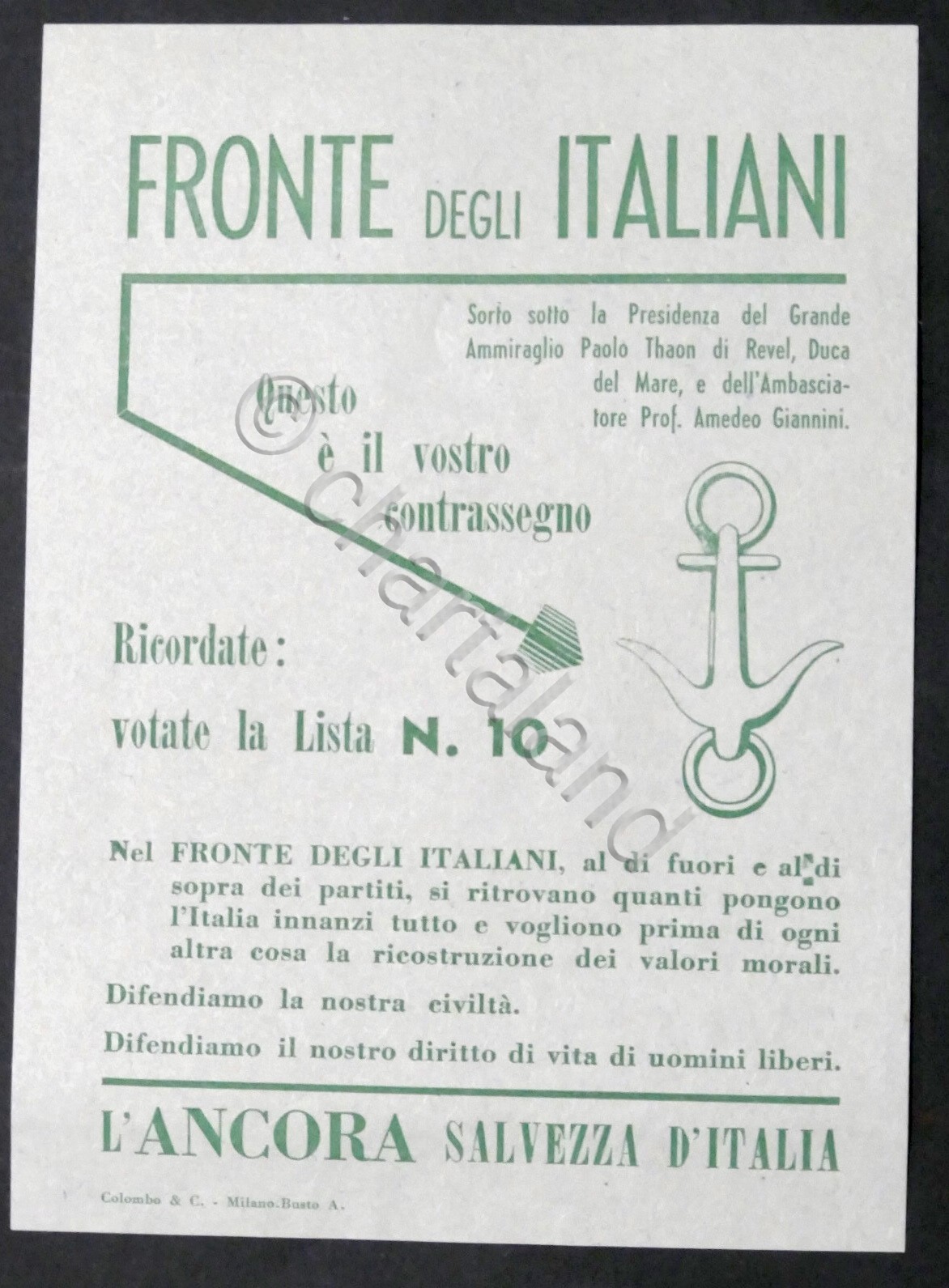Volantino partito Fronte degli Italiani (Paolo Thaon di Revel) Elezioni …