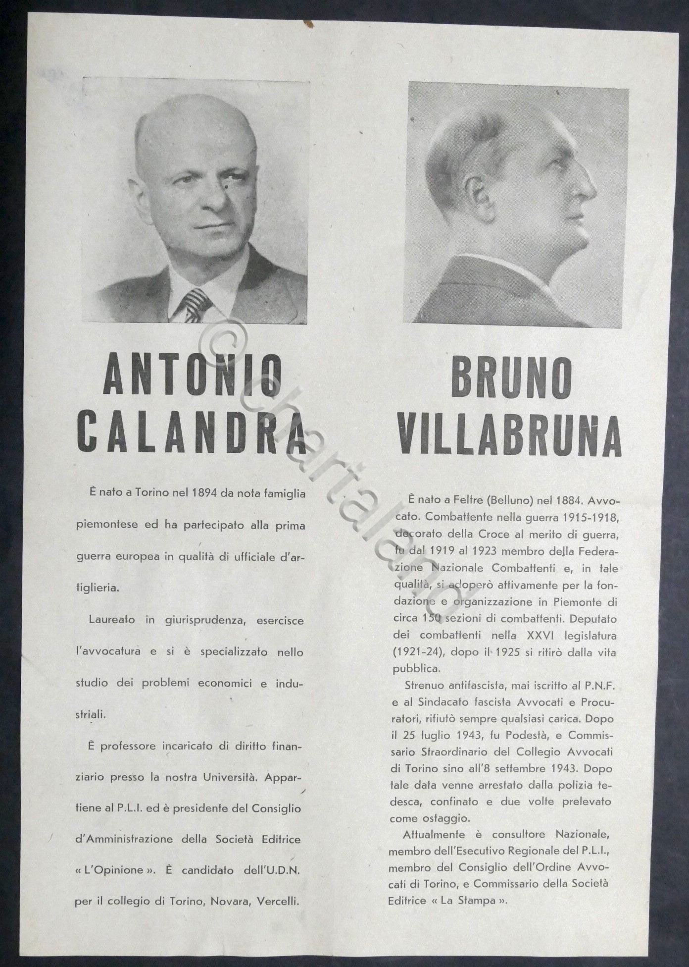 Volantino Partito Liberale Italiano Elezioni Politiche 1948 Calandra Villabruna