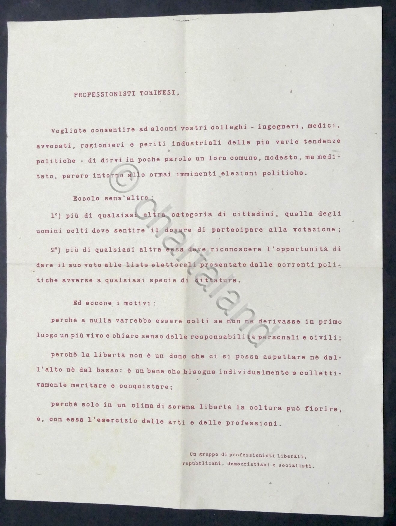 Volantino Professionisti Torinesi democristiani socialisti - Elezioni 1948