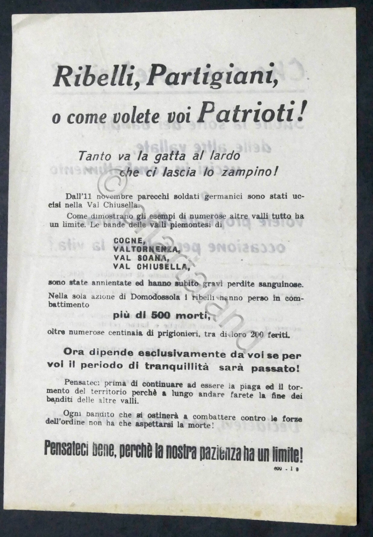 Volantino RSI - Propaganda contro i Partigiani di Piemonte e …