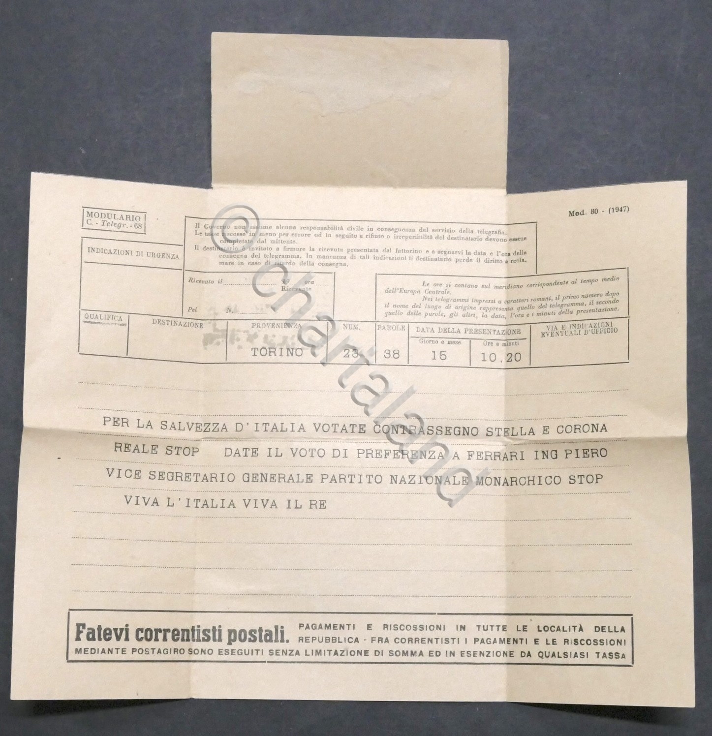Volantino telegramma a favore del Partito Monarchico Nazionale - Elezioni …