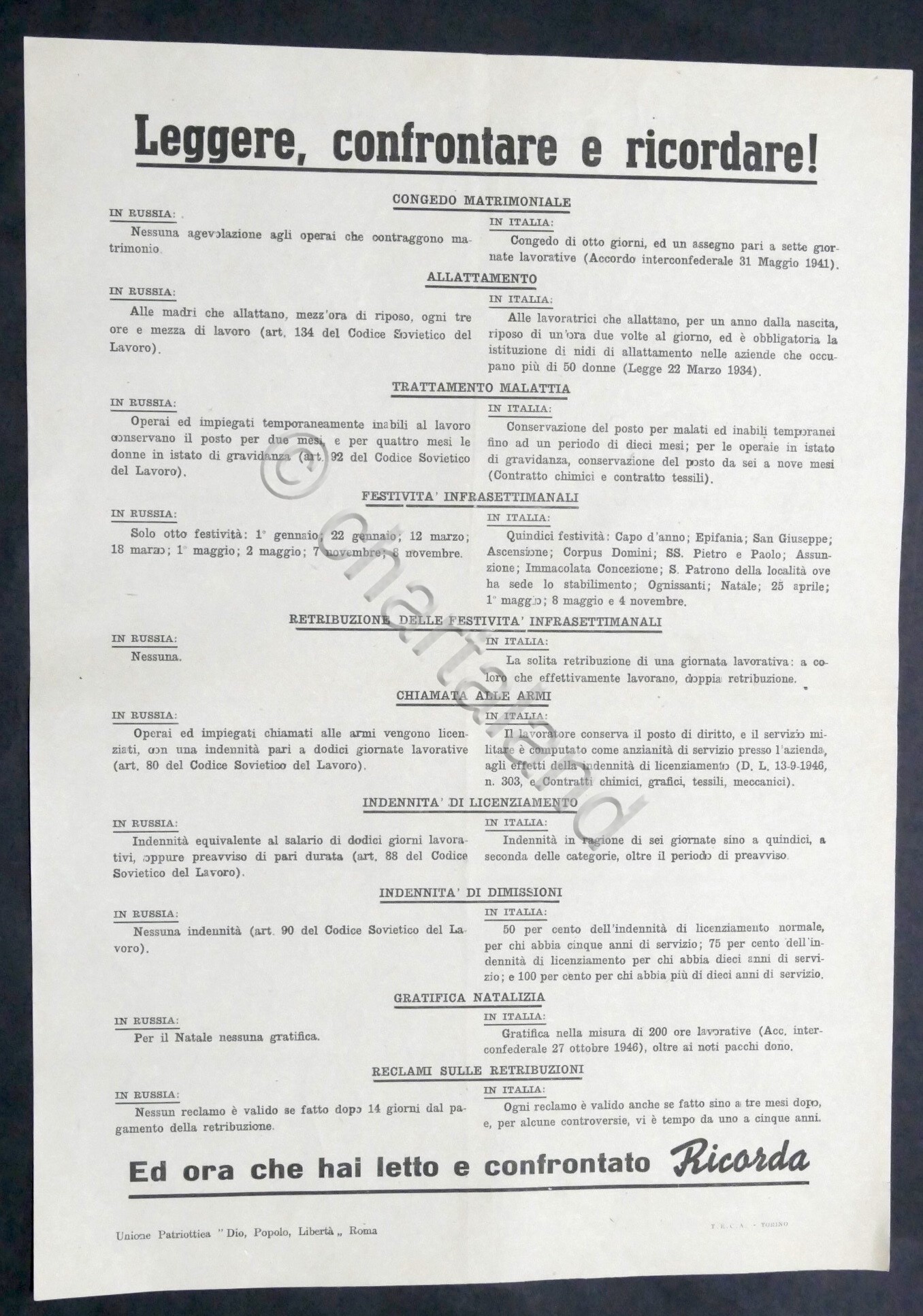 Volantino Unione Patriottica Dio Popolo Libertà - 1947 ca.