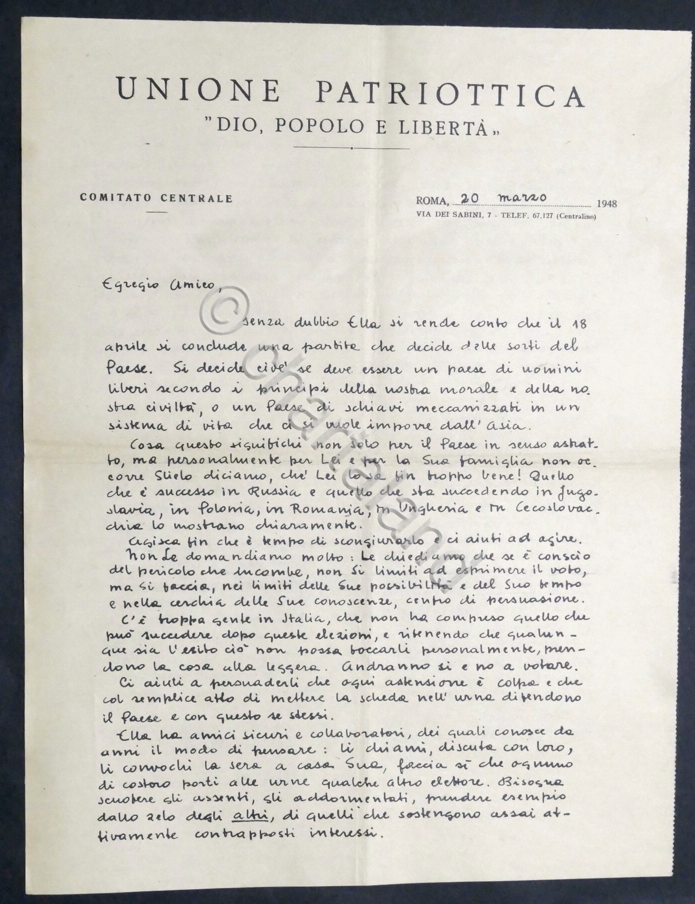 Volantino Unione Patriottica Dio Popolo Libertà - Elezioni Politiche 1948