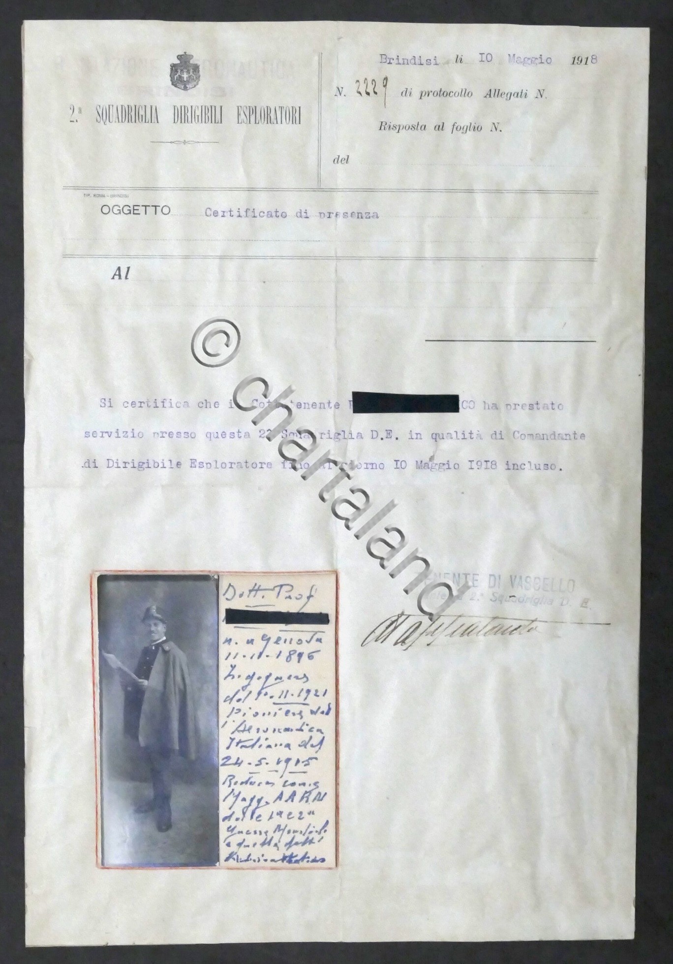 WWI - 2^ Squadriglia Dirigibili Esploratori Certificato di Presenza - …