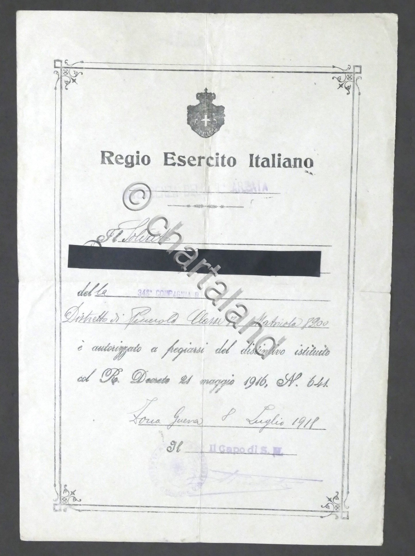 WWI - Attestato autorizzazione a fregiarsi del Distintivo Zona Guerra …
