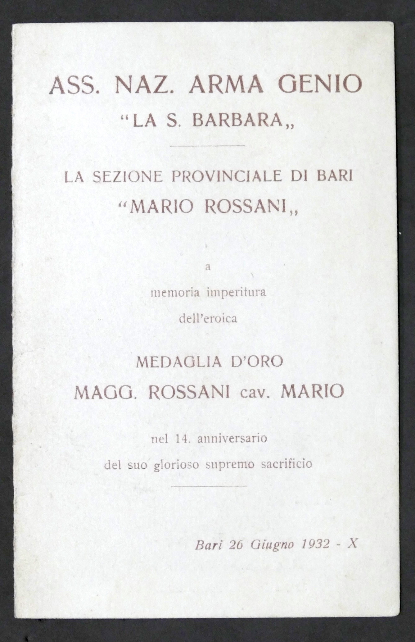 WWI - Biglietto Commemorativo in memoria Medaglia d'Oro Mario Rossani …