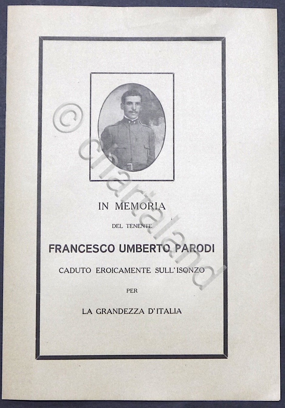 WWI - In memoria del tenente Francesco Umberto Parodi caduto …