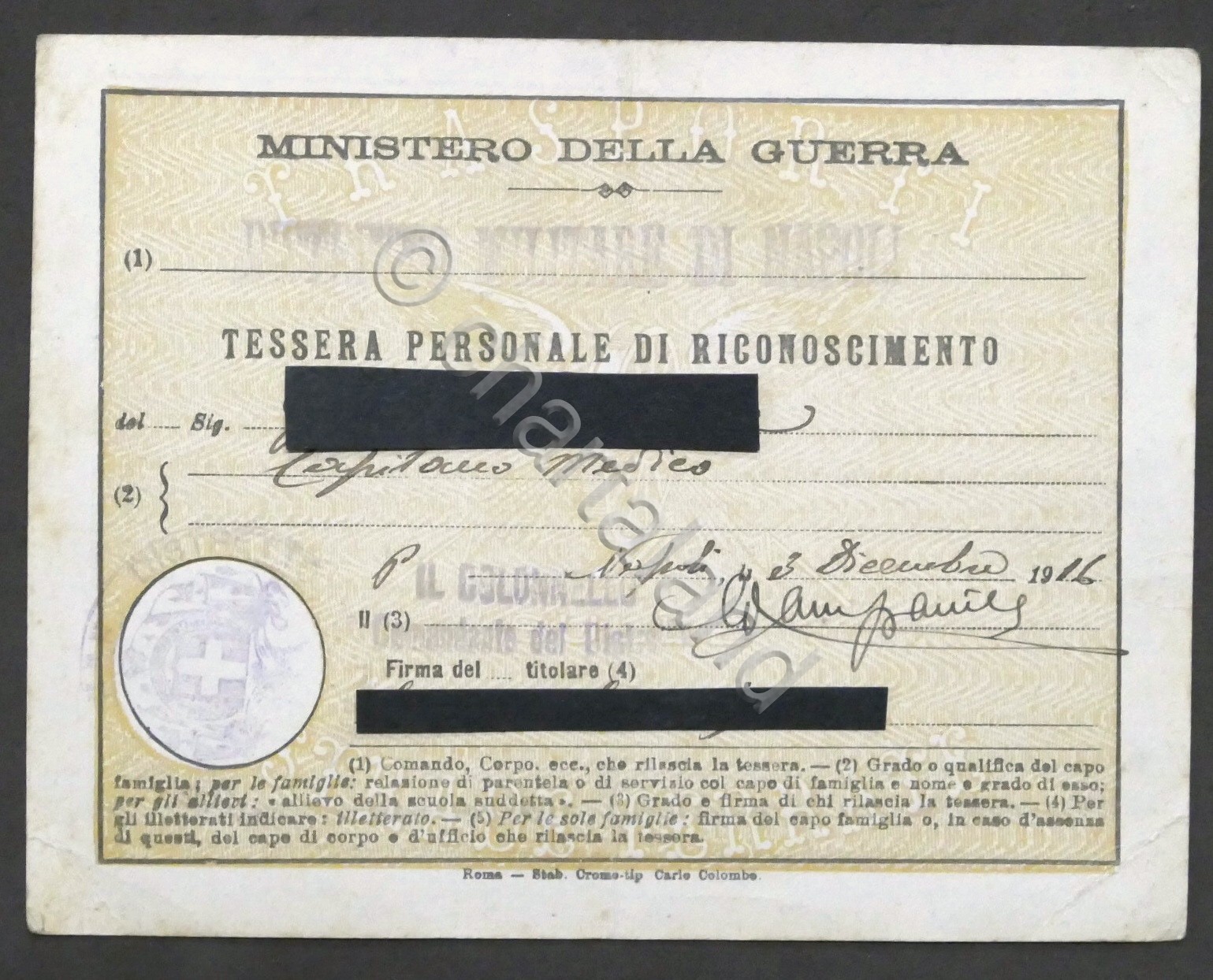 WWI - Ministero della Guerra - Tessera personale Capitano Medico …