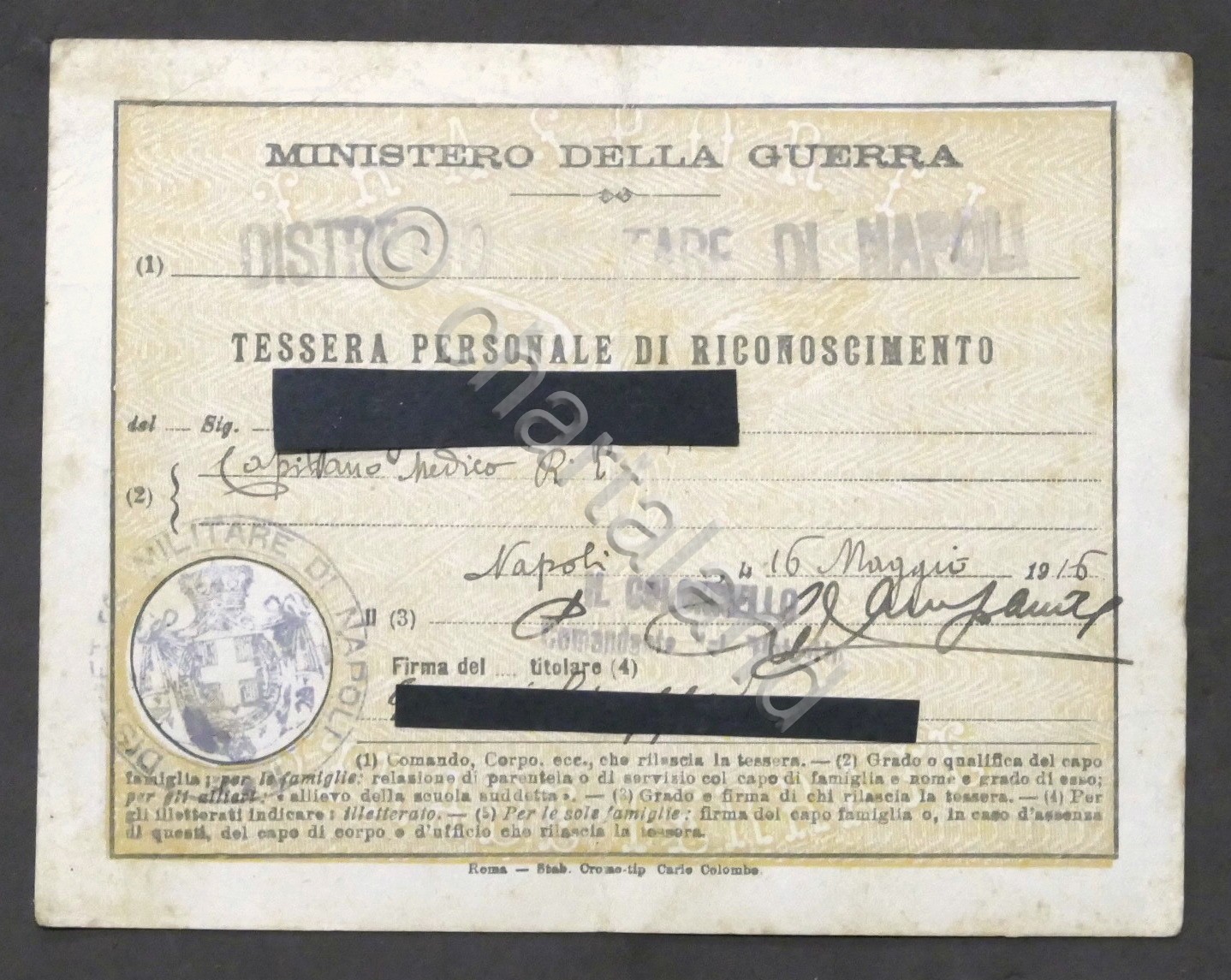 WWI - Ministero della Guerra - Tessera personale Capitano Medico …