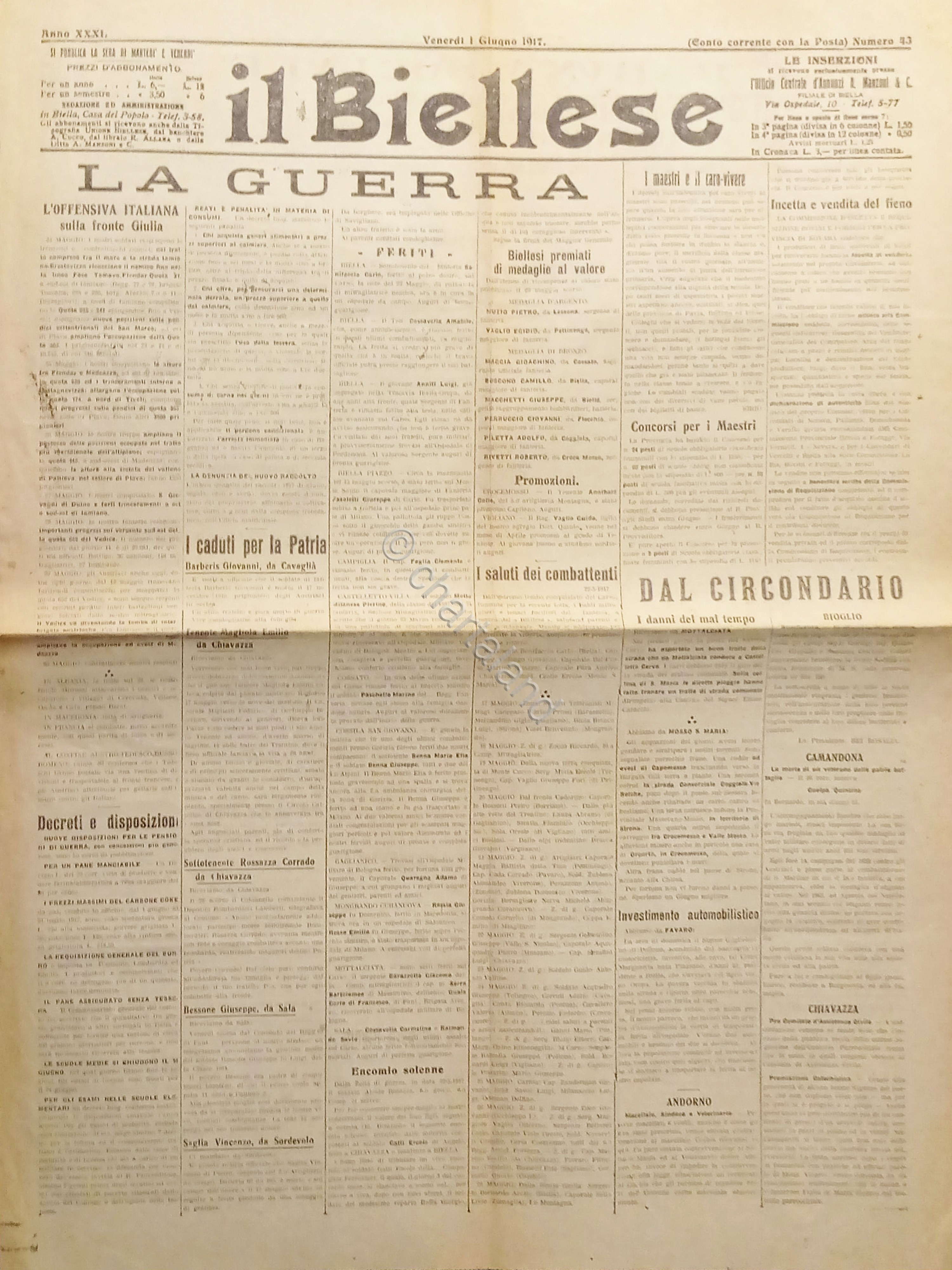 WWI - Quotidiano - Il Biellese N. 43 - 1917 …