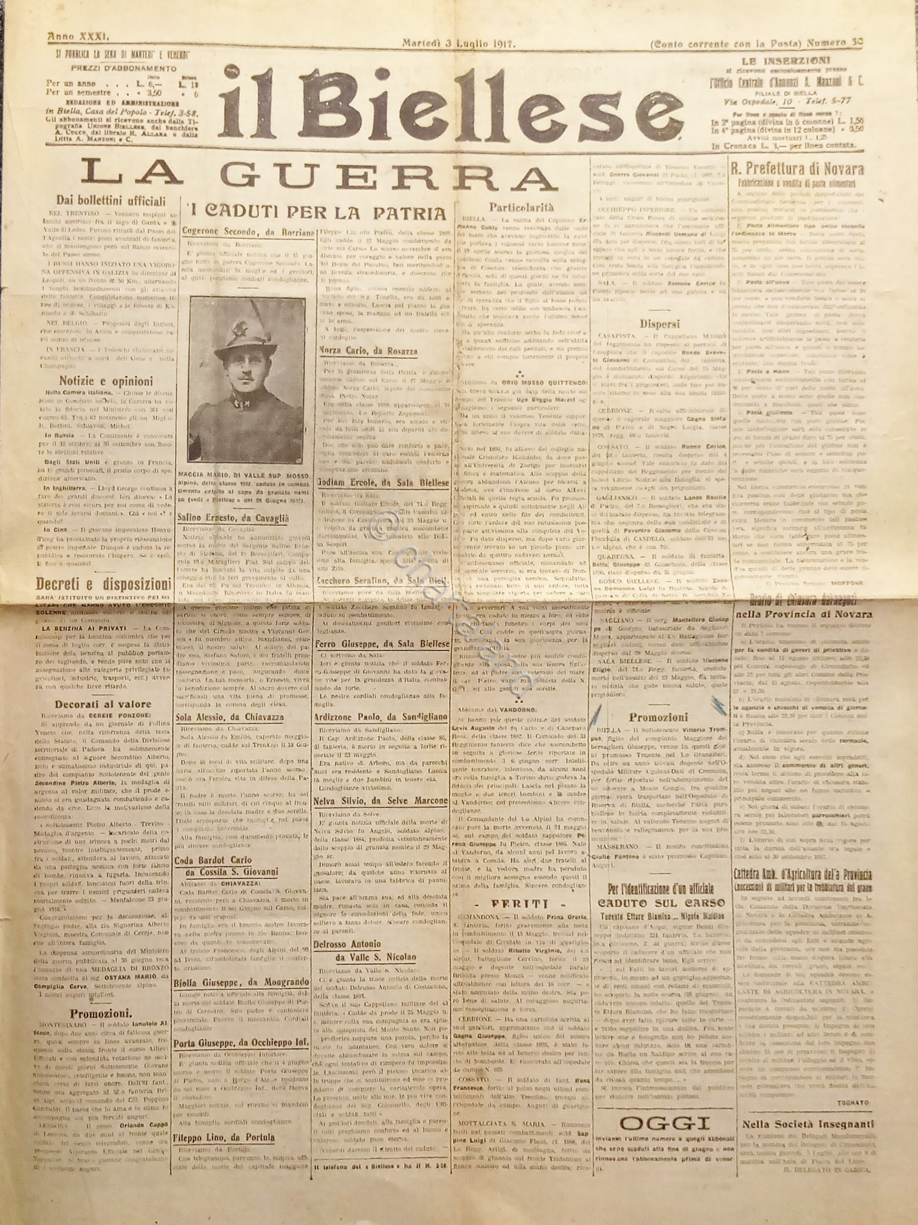 WWI - Quotidiano - Il Biellese N. 50 - 1917 …