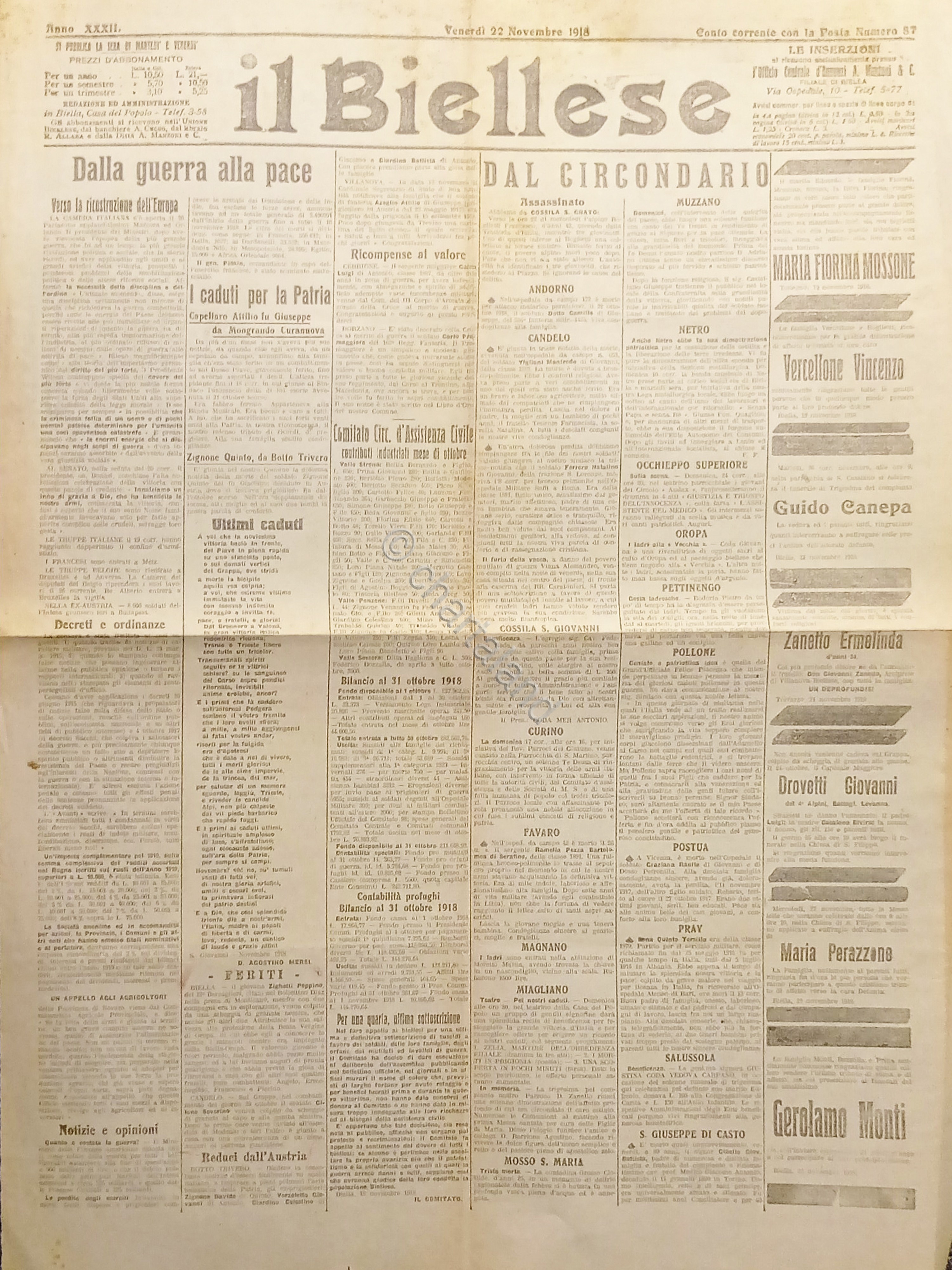 WWI - Quotidiano - Il Biellese N. 87 - 1918 …