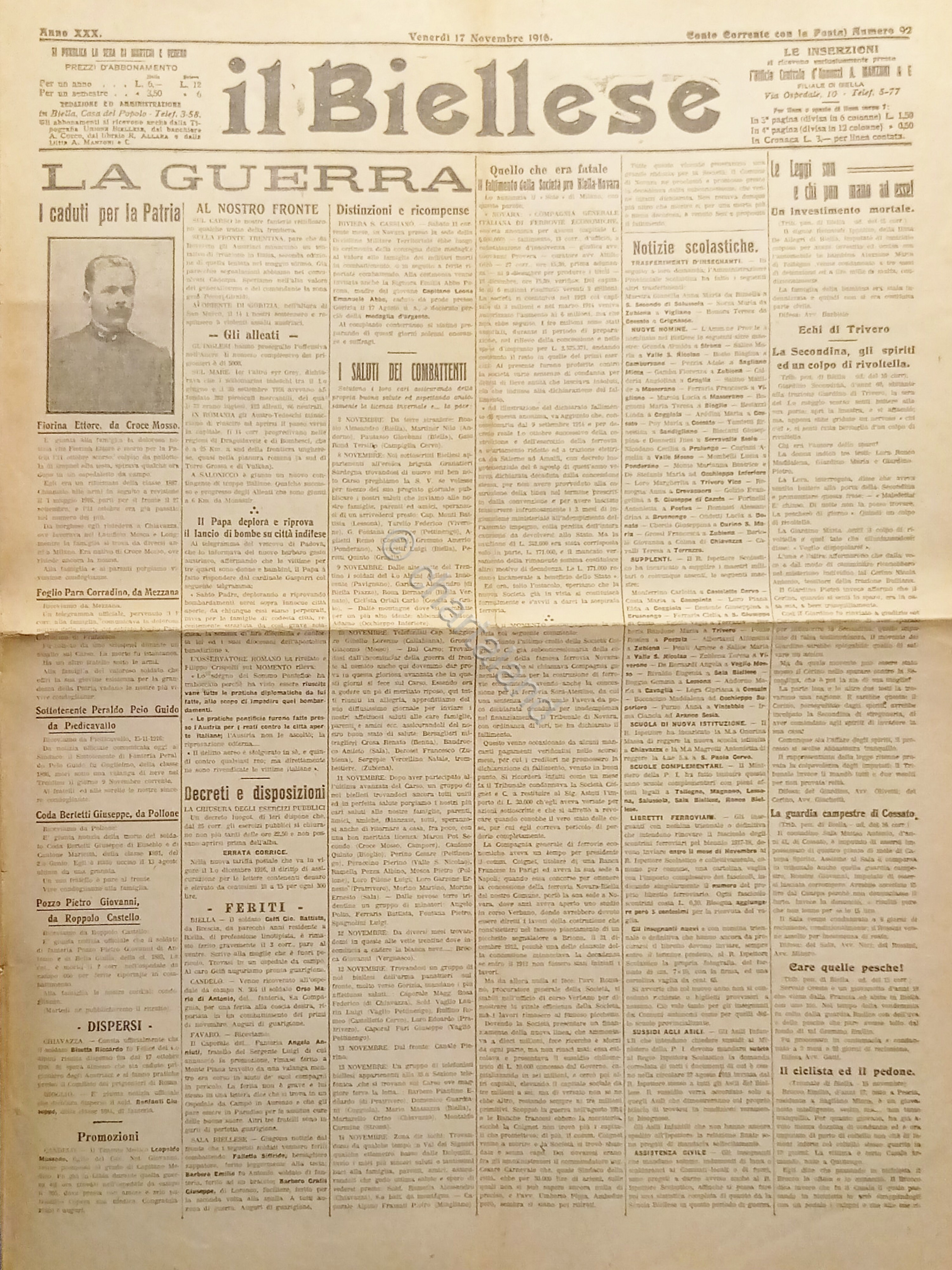 WWI - Quotidiano - Il Biellese N. 92 - 1916 …