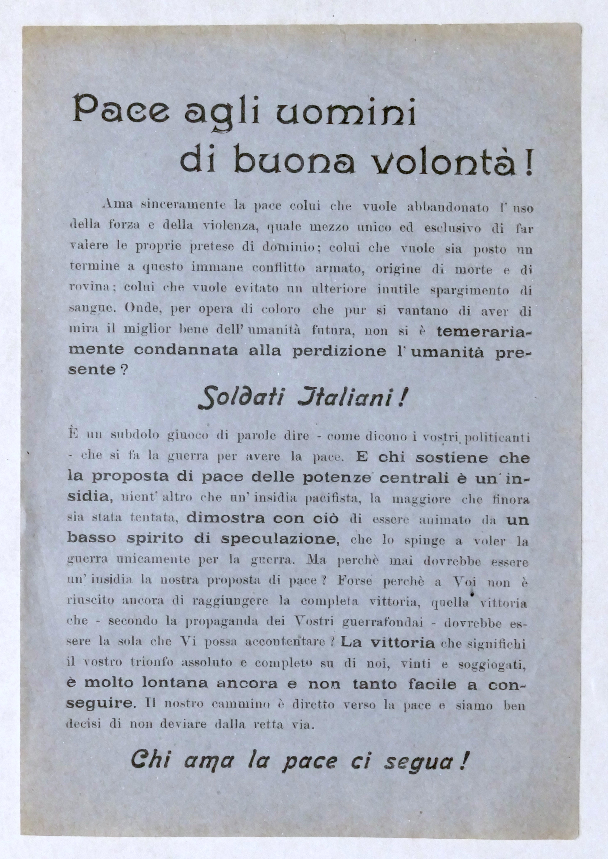 WWI - Volantino pacifista - Pace agli uomini di buona …