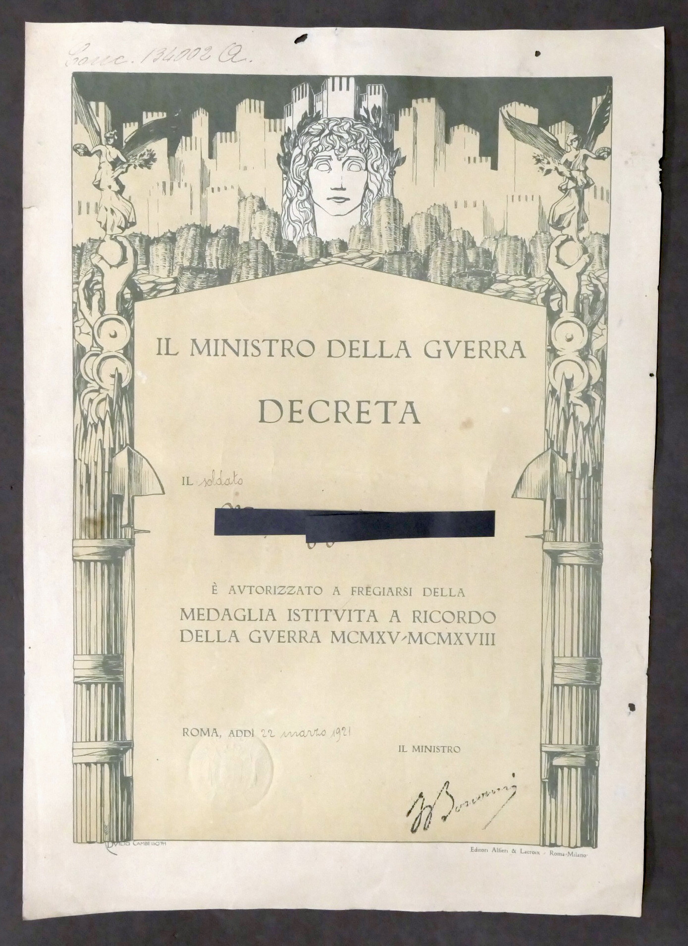 WWI Decreto concessione medaglia a ricordo della Guerra 1915 - …