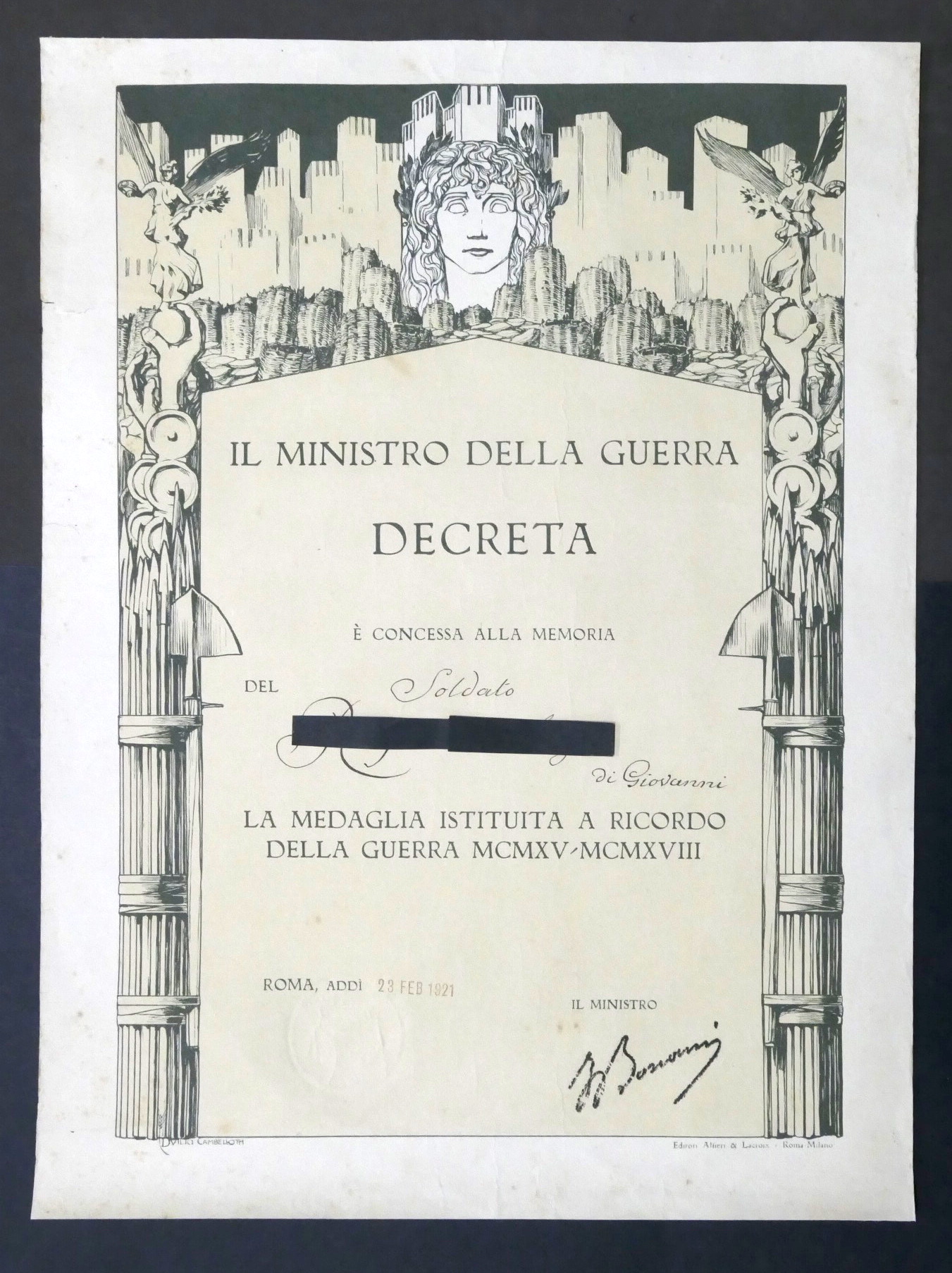 WWI Decreto concessione medaglia ricordo della guerra 1915-1918 - Febbraio …