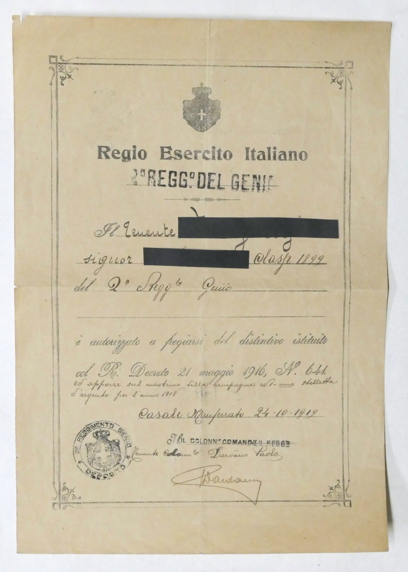 WWI Esercito Italiano 2° Regg. Genio - Autorizzazione fregiarsi distintivo …