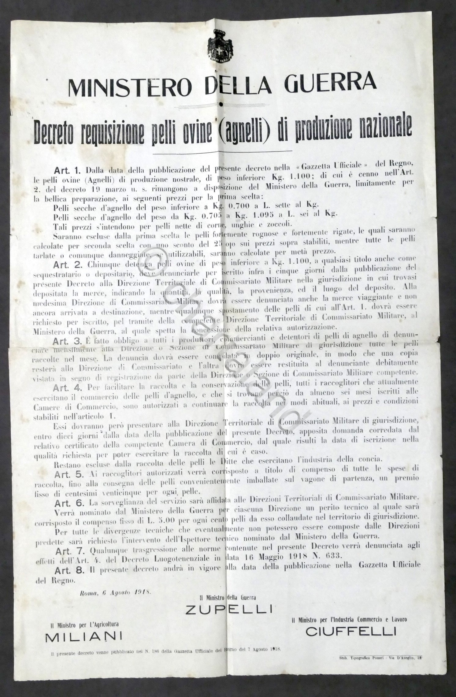 WWI Ministero Guerra - Decreto requisizione pelli ovine (agnelli) - …