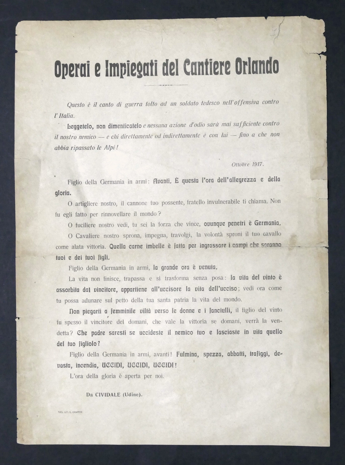 WWI Operai e impiegati Cantiere Orlando Udine - Volantino contro …