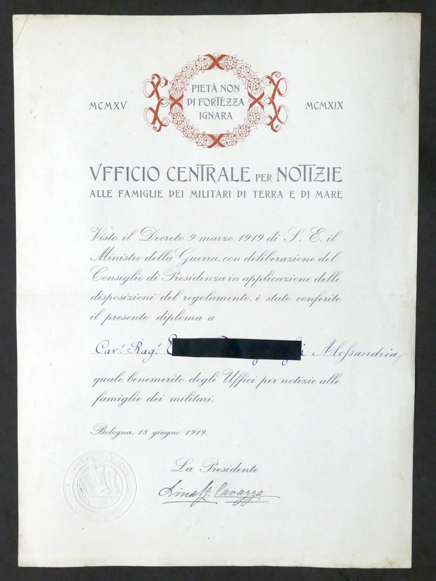 WWI Ufficio Centrale Notizie a famiglie dei militari Diploma di …
