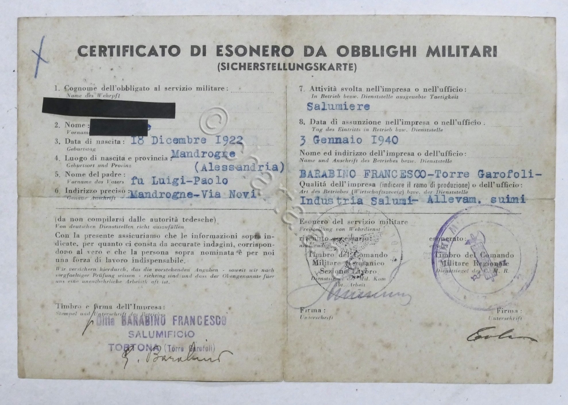 WWII - Certificato di Esonero da Obblighi Militari - 1942 …