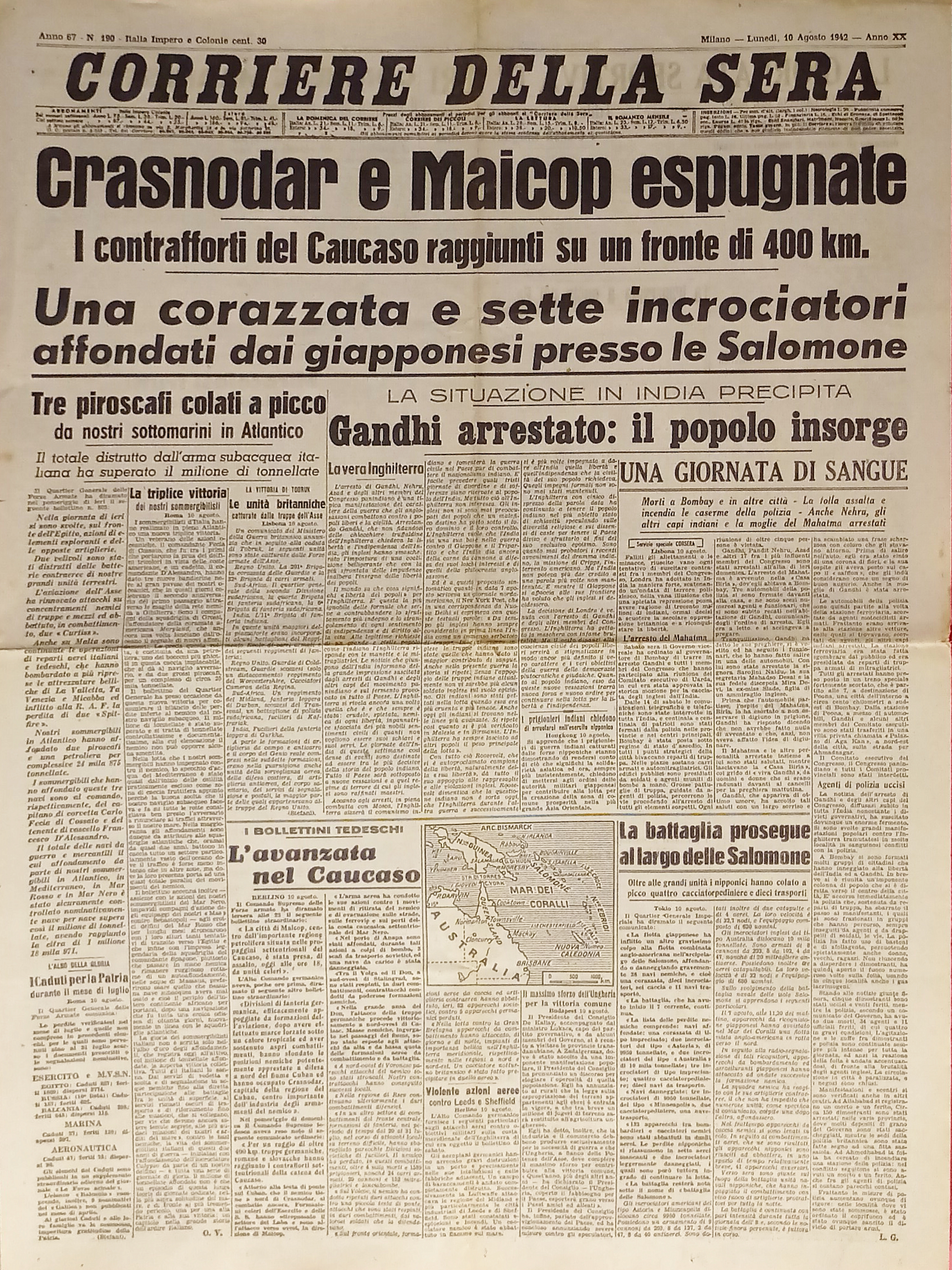 WWII - Corriere della Sera N. 190 - 1942 Krasnodar …