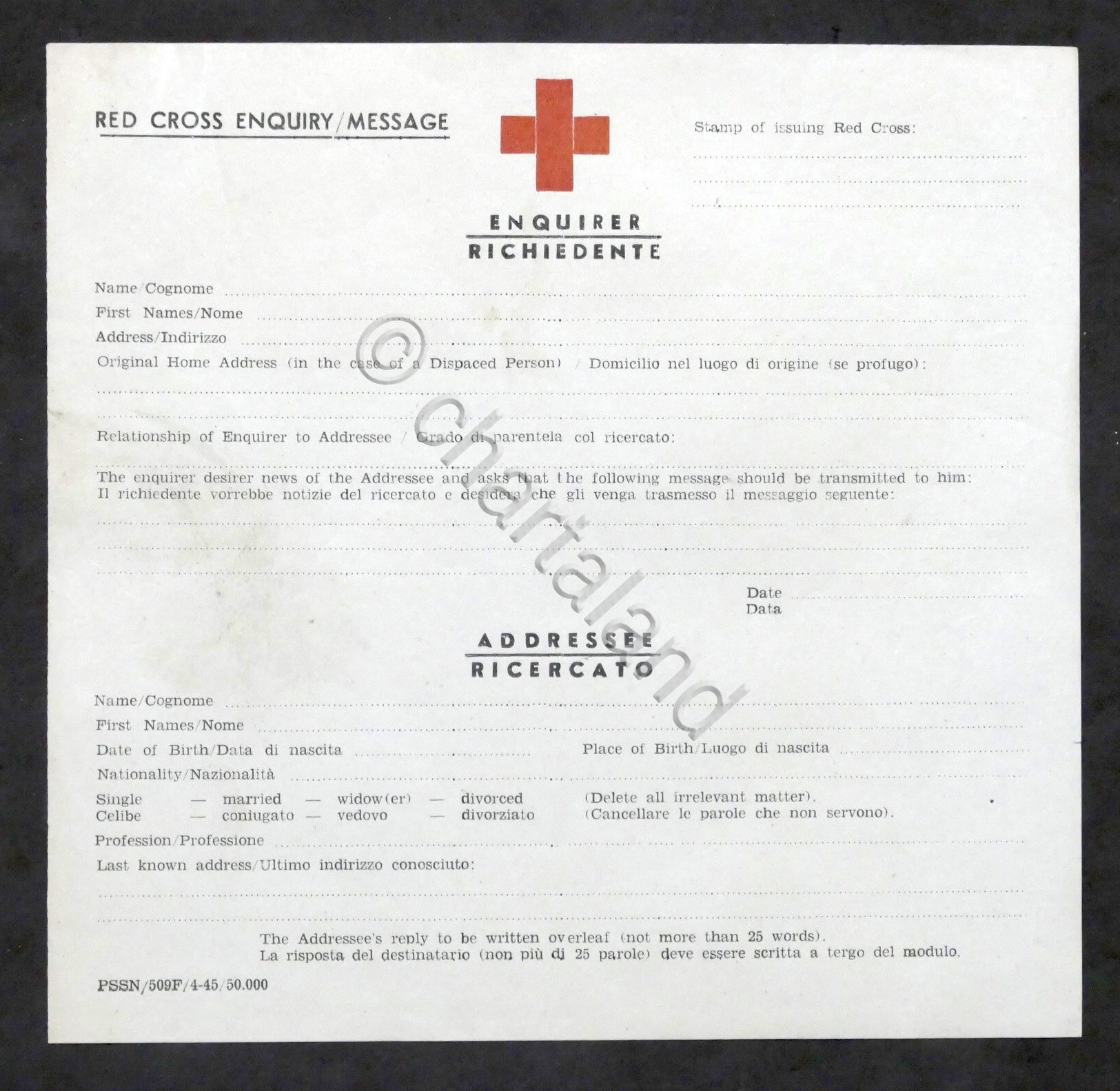 WWII - Croce Rossa Italiana - Lettera richiesta informazioni persone …