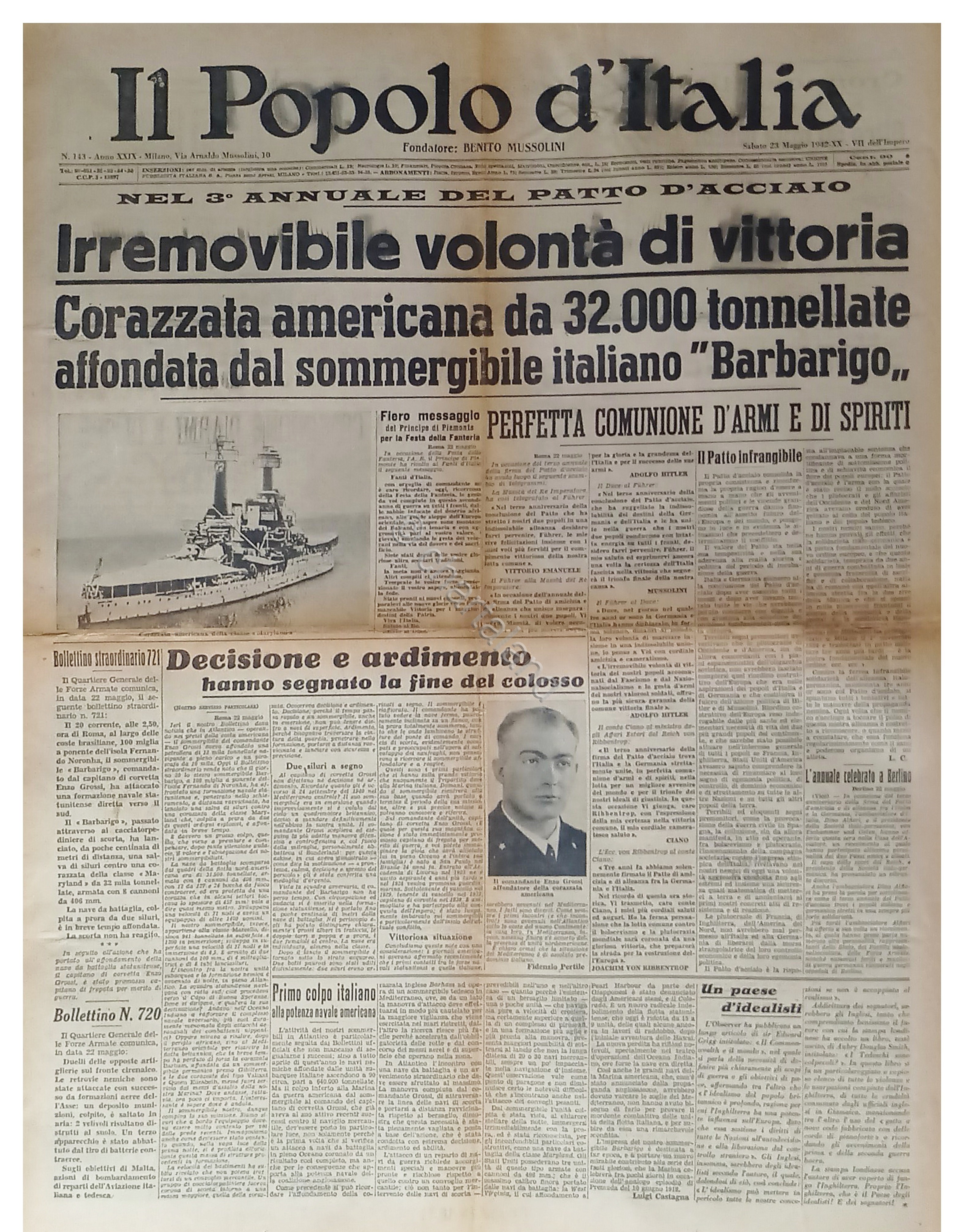 WWII - Il Popolo d'Italia N. 143 - 1942 Irremovibile …