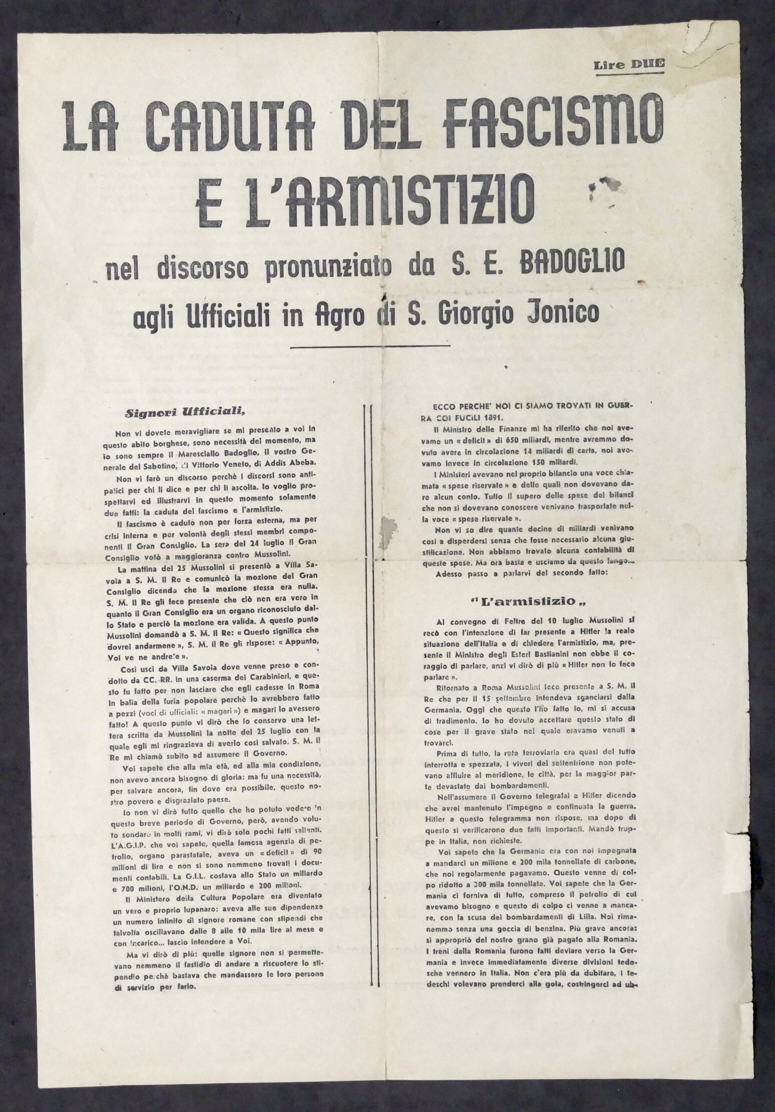 WWII - La caduta del fascismo e l'armistizio nel discorso …