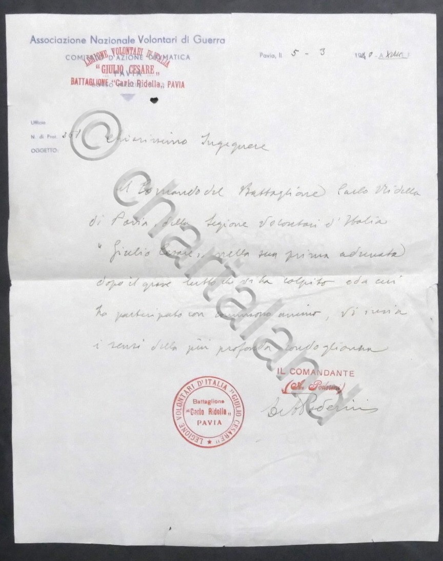 WWII - Lettera Associazione Nazionale Volontari di Guerra - Pavia …