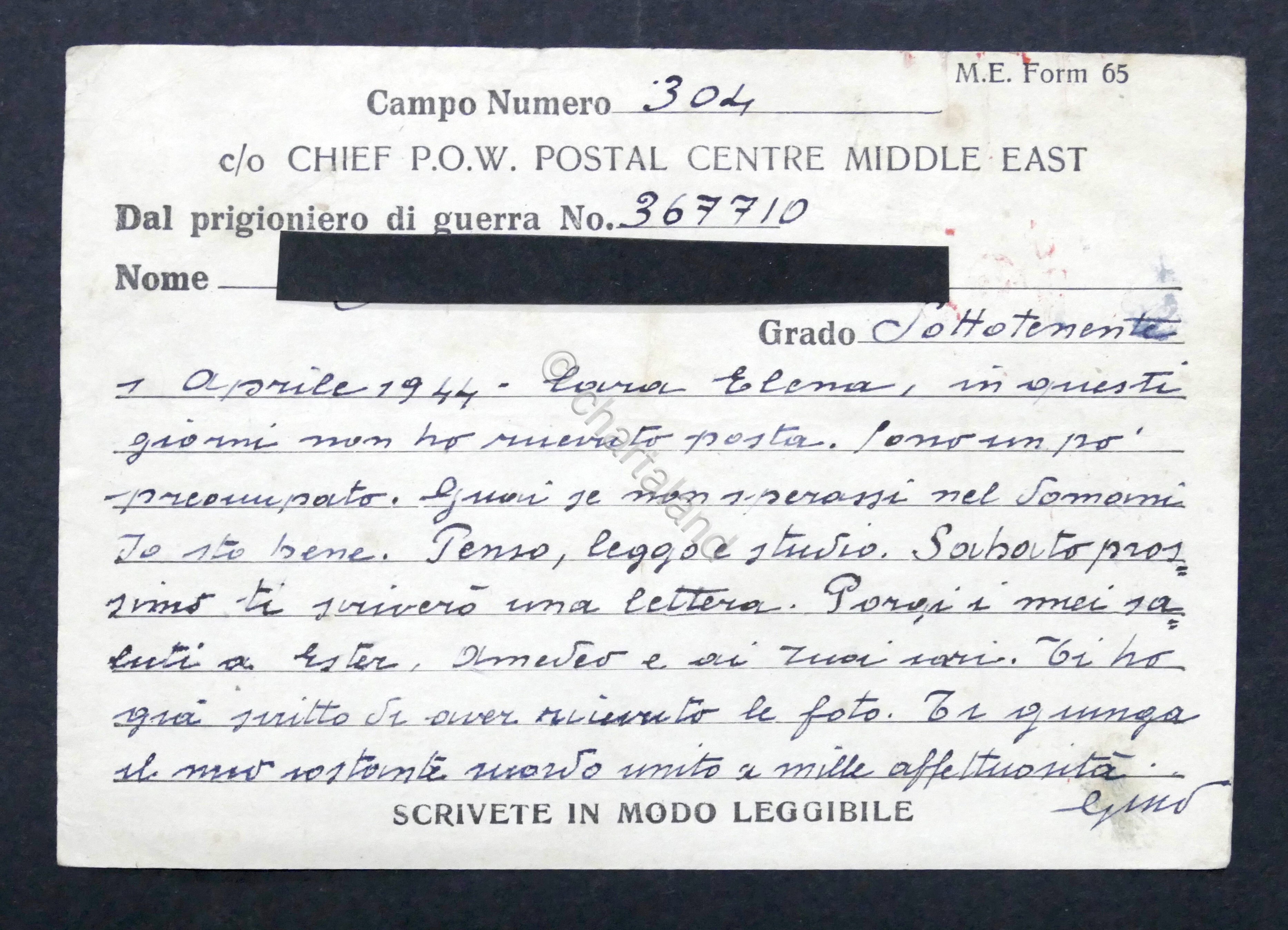 WWII - Lettera Prigioniero di Guerra italiano Campo 304 Middle …