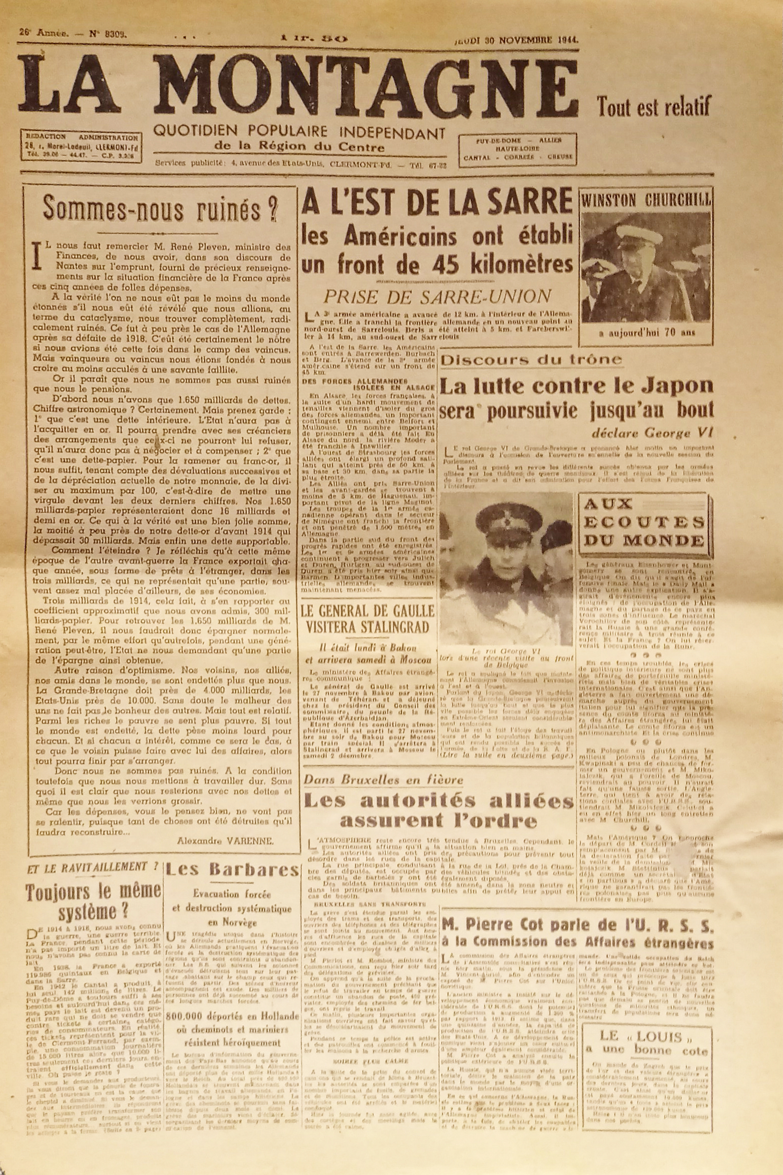 WWII - Quotidien - La Montagne N. 8309 - 1944 …