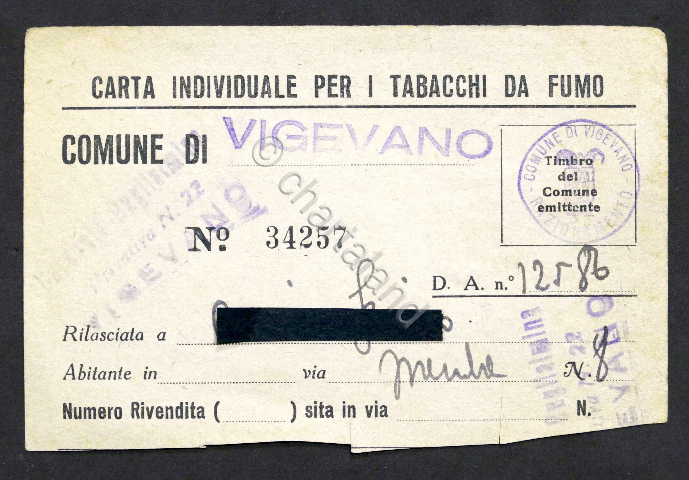 WWII - Razionamento Carta individuale per i tabacchi da fumo …