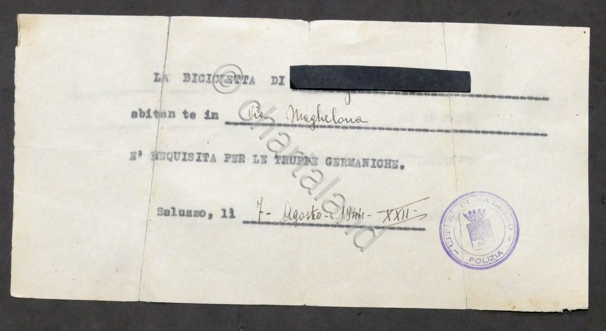 WWII - Ricevuta requisizione bicicletta per le truppe germanniche - …