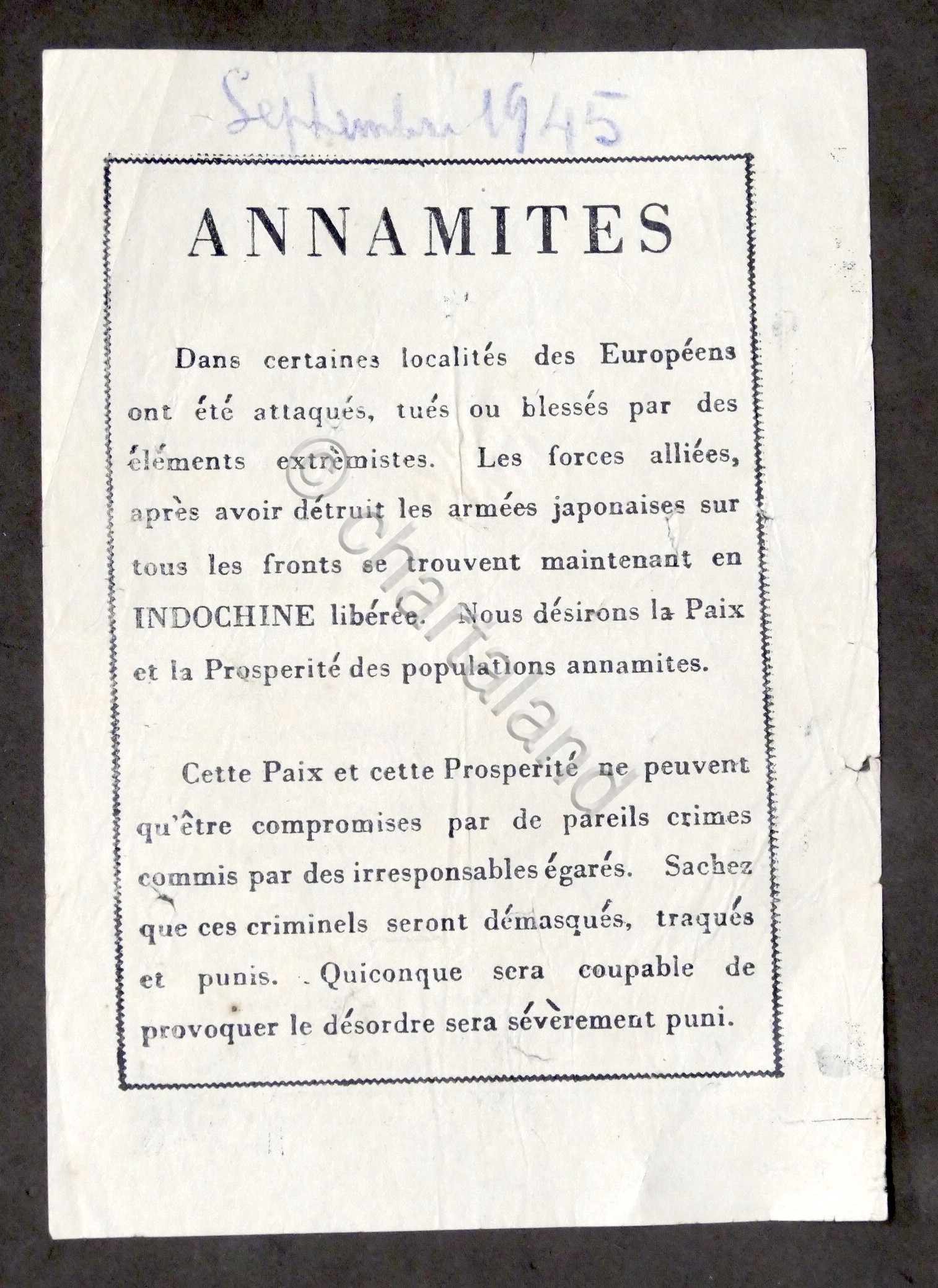 WWII - Volantino degli alleati contro estremisti in Indocina - …