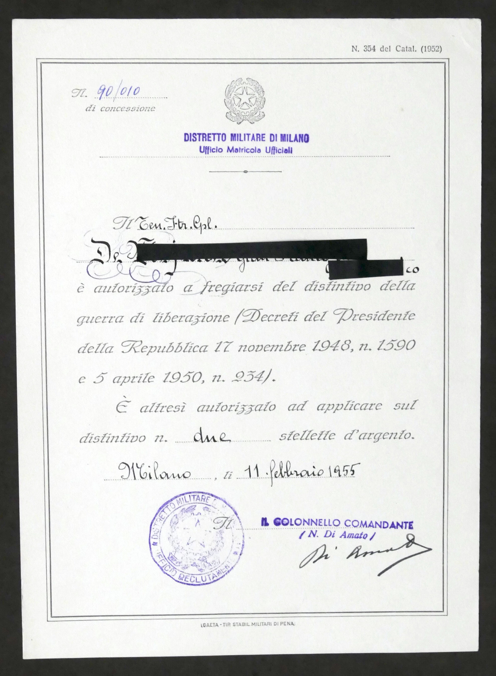 WWII Autorizzazione per distintivo guerra liberazione e per due stellette …