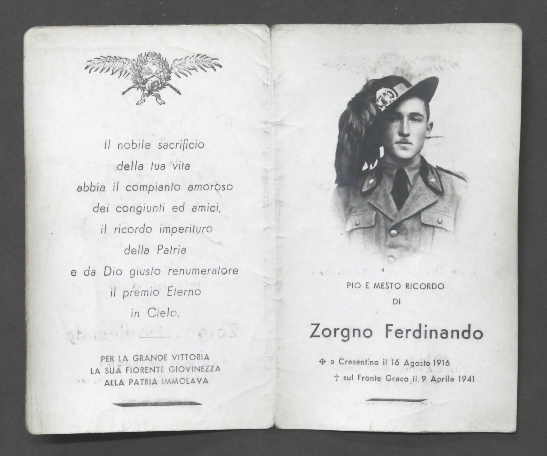 WWII Biglietto Commemorativo in ricordo del Bersagliere Zorgno Ferdinando - …