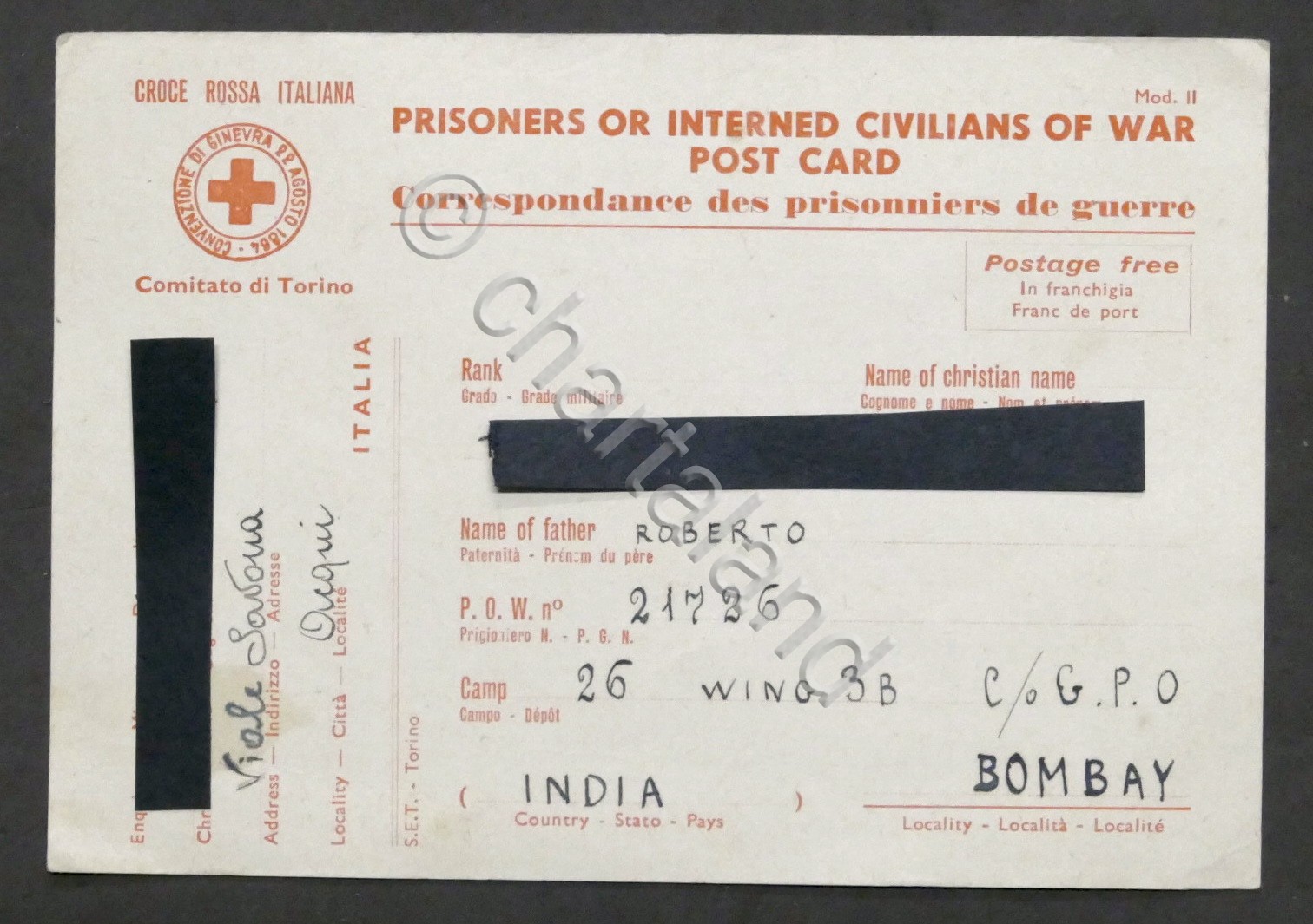 WWII Cartolina per Prigioniero di Guerra italiano - Campo N. …