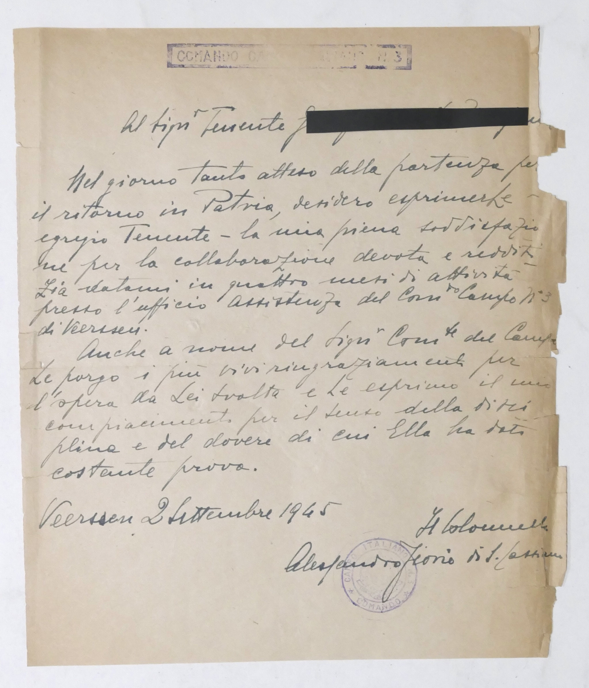 WWII Comando Campo Italiano N. 3 - Lettera di ringraziamento …