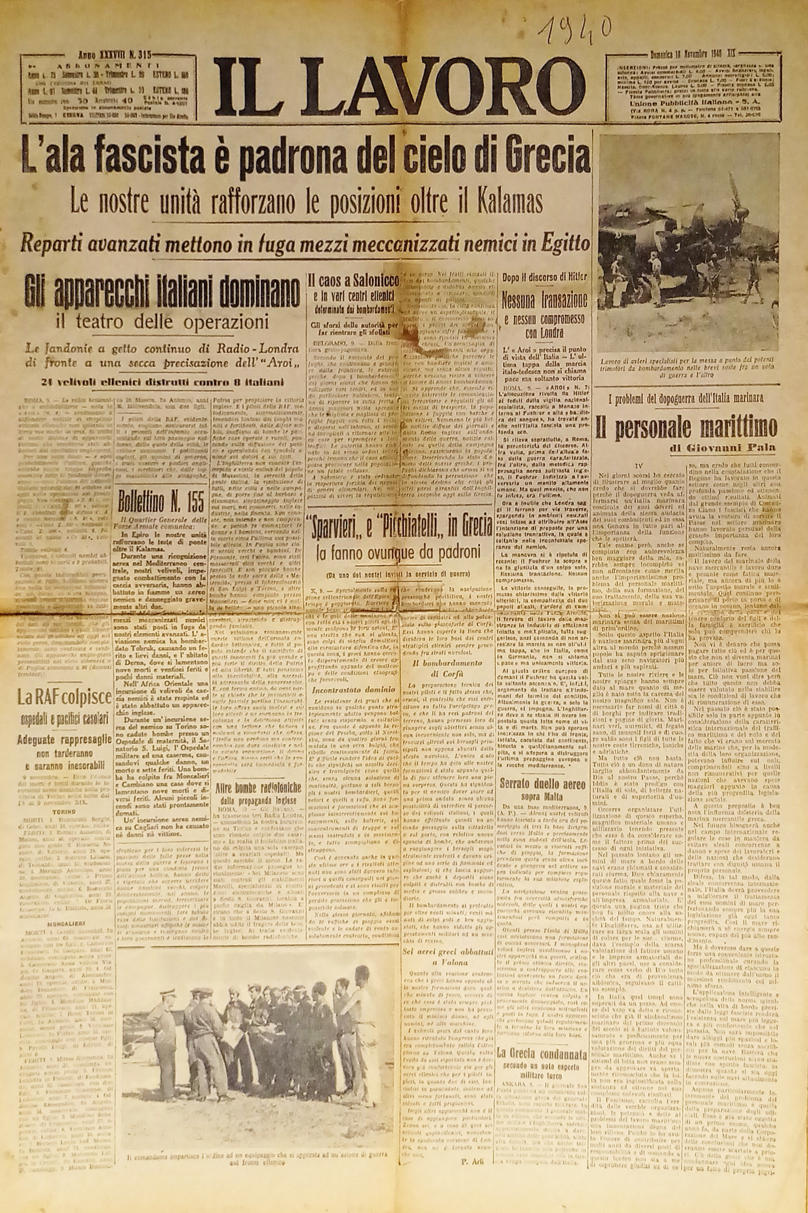 WWII Giornale - Il Lavoro N.315 - 1940 L'ala fascista …
