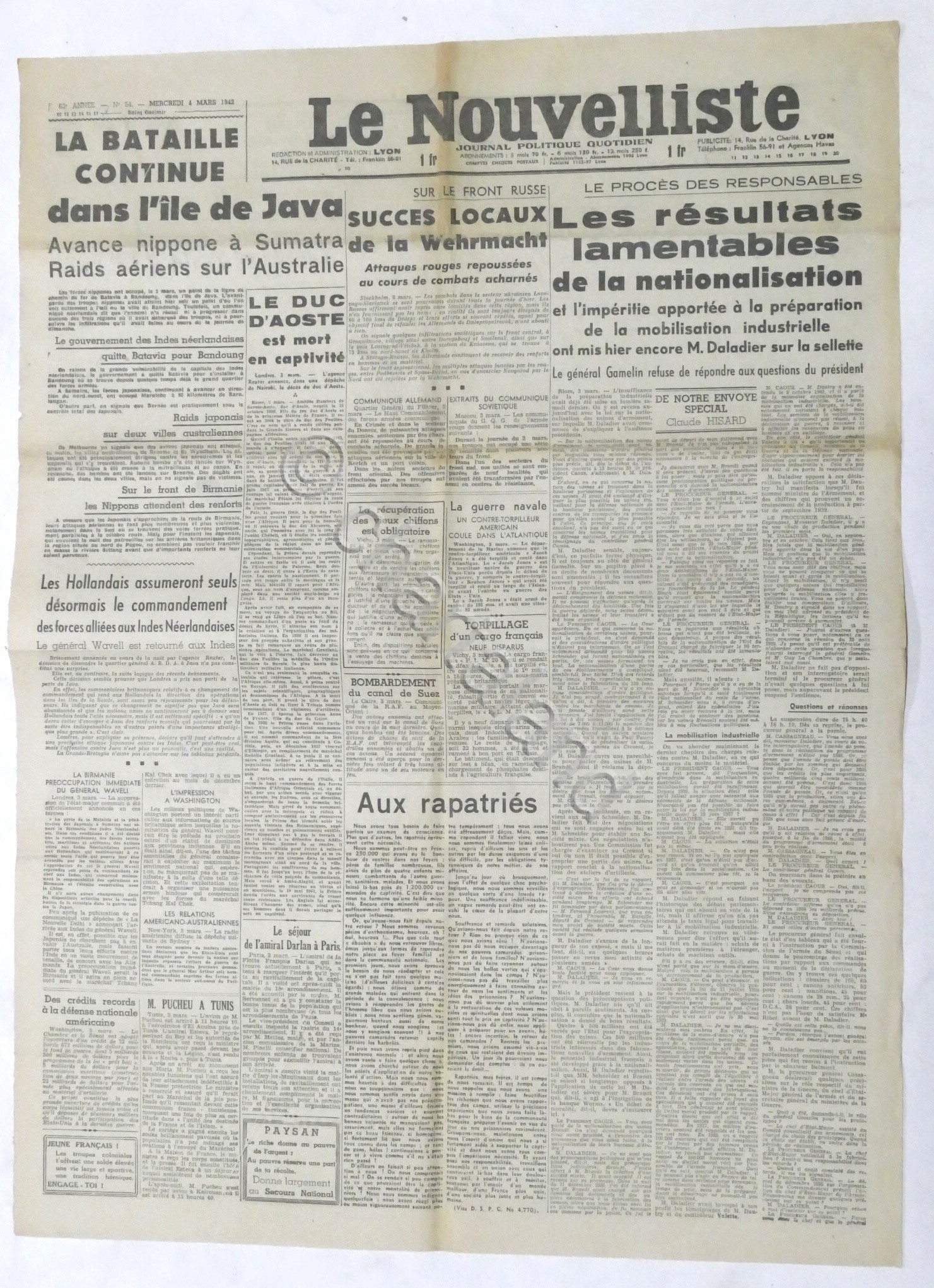 WWII Giornale - Le Nouvelliste - Journal Politique Quotidien - …