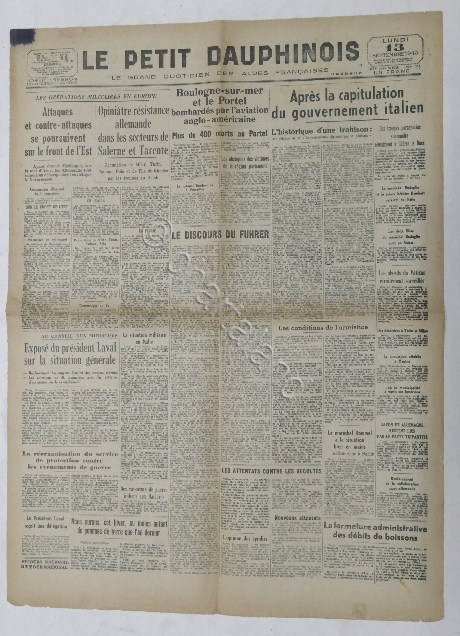 WWII Giornale - Le Petit Dauphinois N. 213 - 1943 …