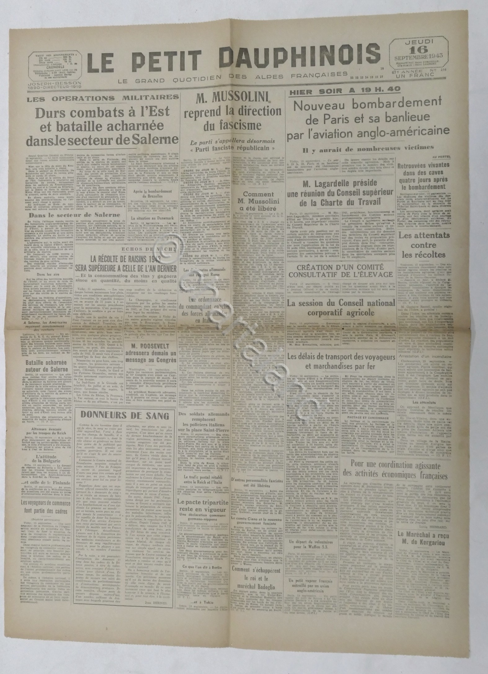 WWII Giornale - Le Petit Dauphinois N. 216 - 1943 …