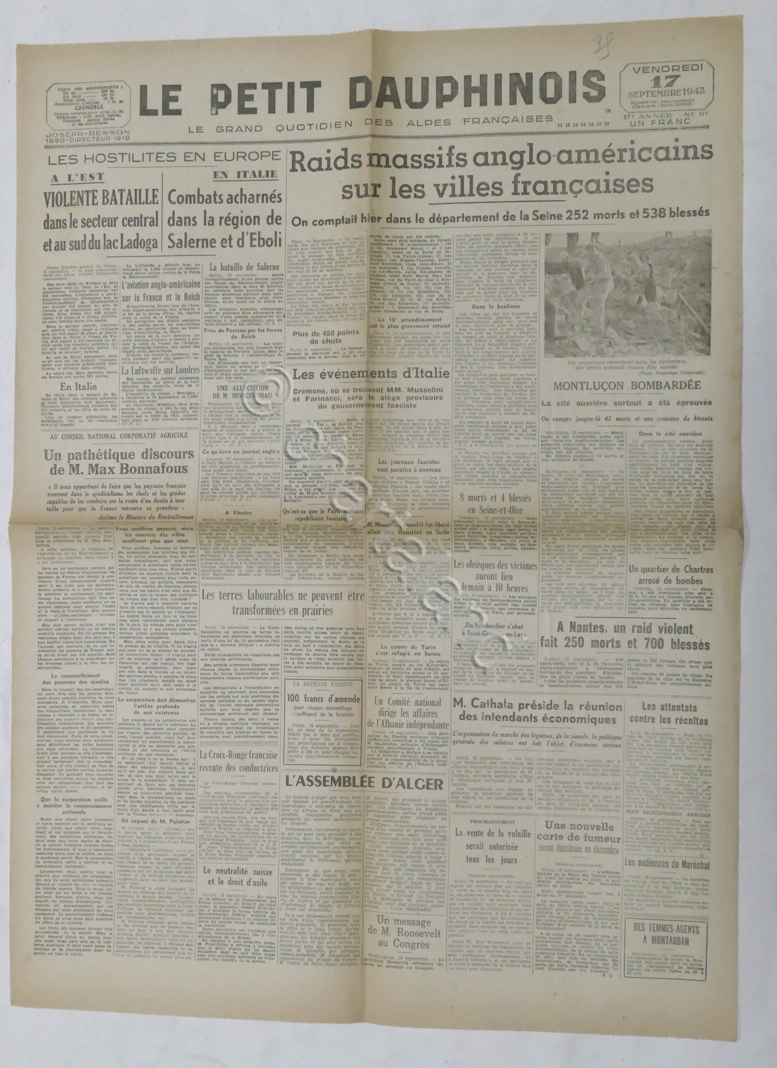 WWII Giornale - Le Petit Dauphinois N. 217 - 1943 …