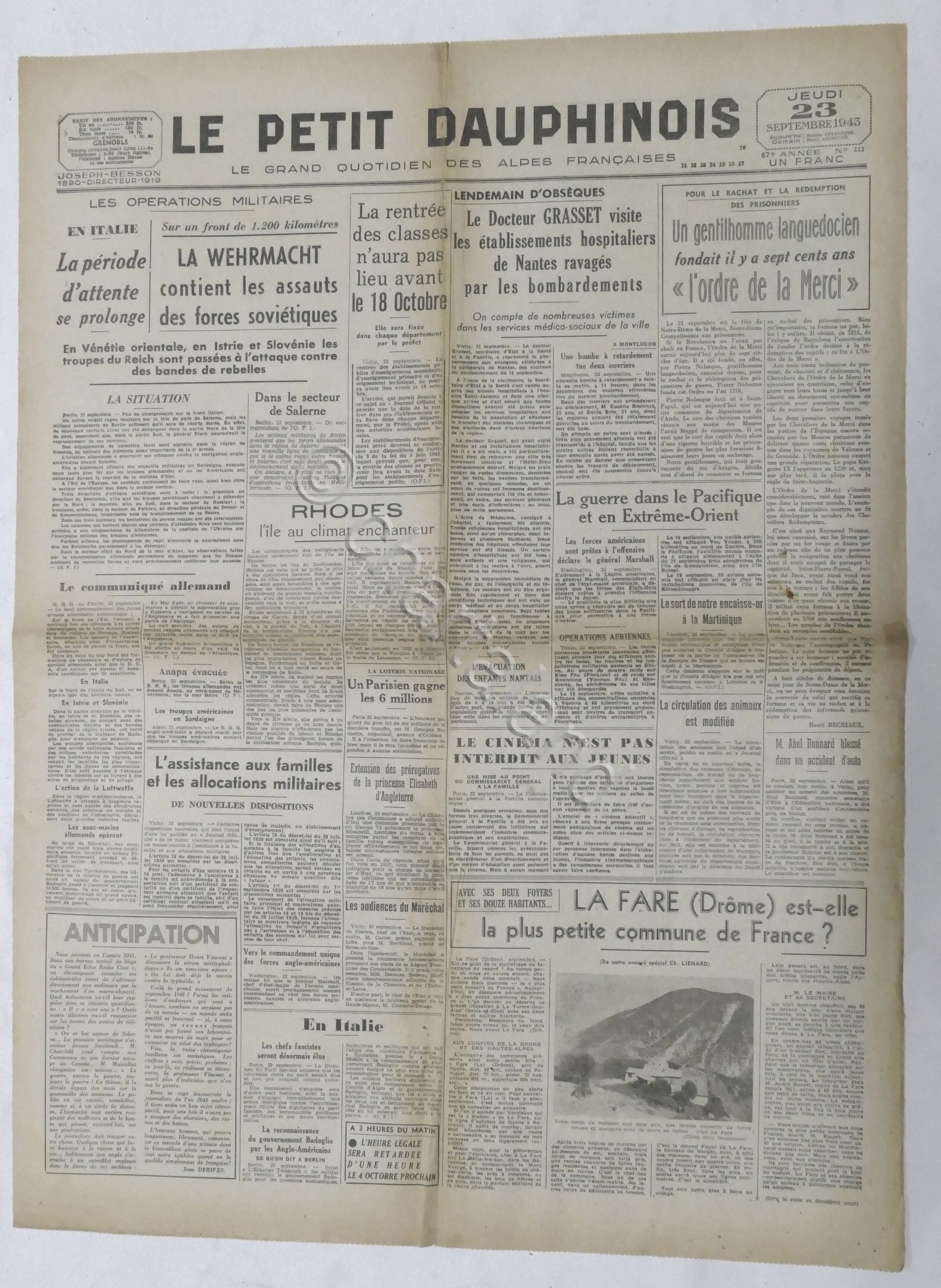 WWII Giornale - Le Petit Dauphinois N. 222 - 1943 …