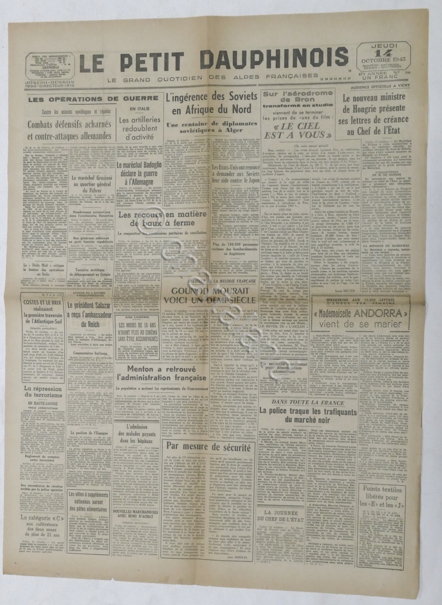 WWII Giornale - Le Petit Dauphinois N. 240 - 1943 …