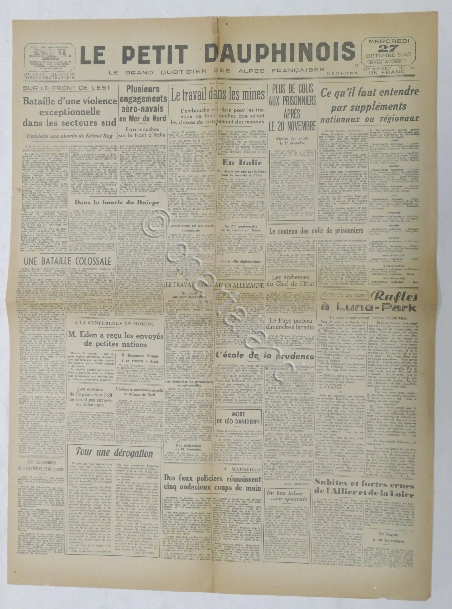 WWII Giornale - Le Petit Dauphinois N. 251 - 1943 …